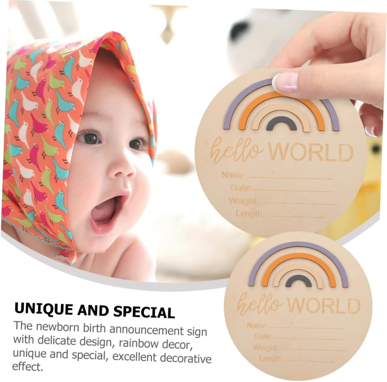 INOOMP 2Pcs Birth Announcement Sign round Wooden Name Plaque for Newborn Milestone Decor Unique Rainbow Design for Shower and Photography Props image number 4