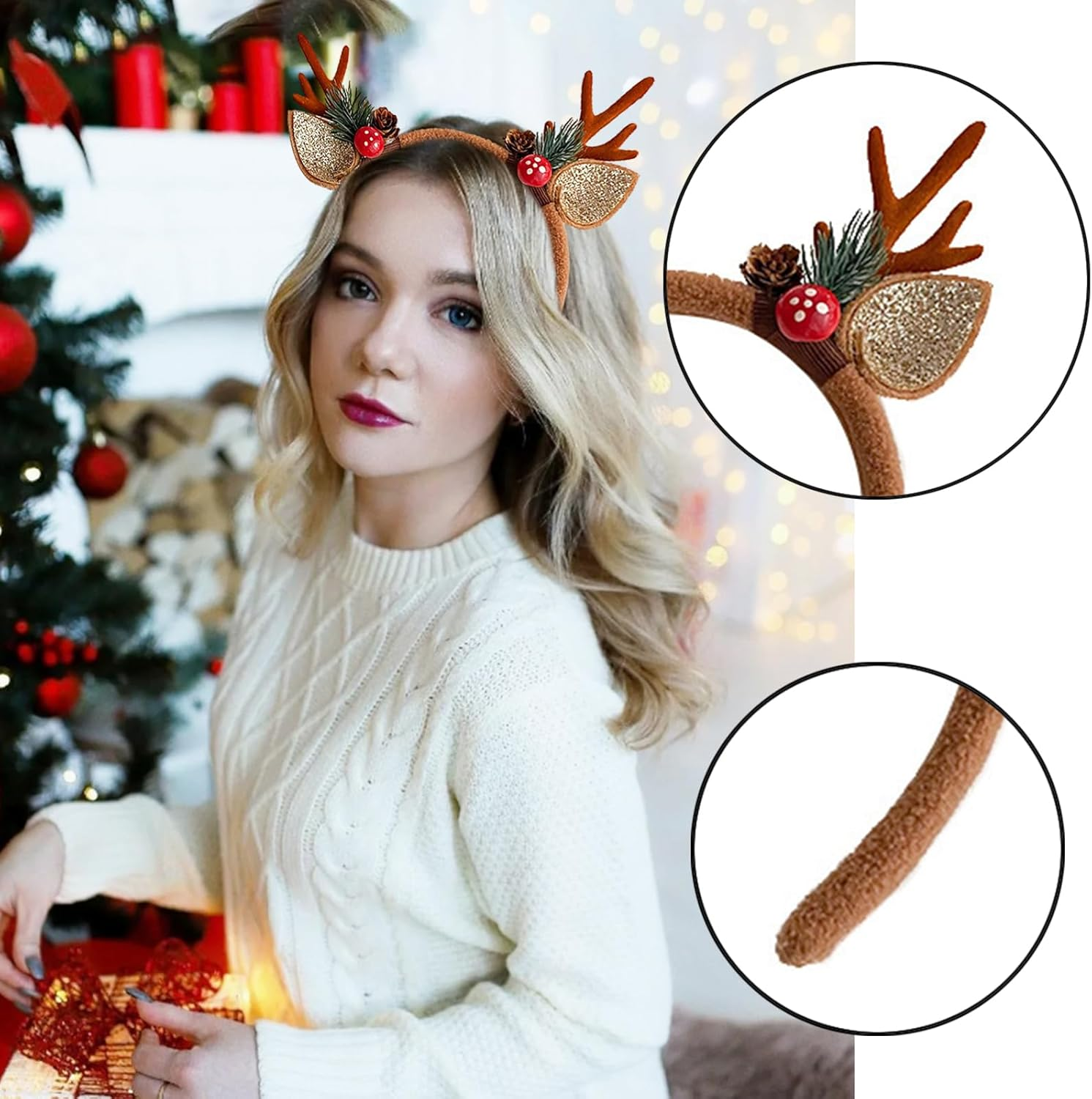 Deer Antler Headband Brown Reindeer Antlers with Mushroom Pine Branches - Christmas Hair Hoop, Deer Ears Animal Fluffy Headpiece Accessories for Christmas Halloween Makeup Party (1 Pcs) image number 4
