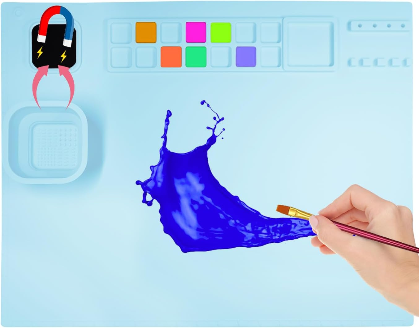 YBVABE Silicone Art Mat, 51 X 41Cm - Paint Mat with Scrubber Cup & 14 Color Dividers, for Art, Painting, Clay & DIY Creations, Blue