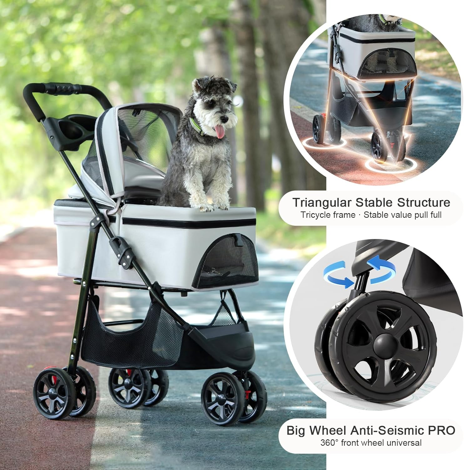 Pet Stroller with Wheels, Dog Stroller for Small Medium Dogs Cats, Portable Cat Stroller with Detachable Carrier, Foldable Dog Cat Jogger Stroller, Large Pet Travel Carrier with Cup Holder (Grey) - Grey image number 3