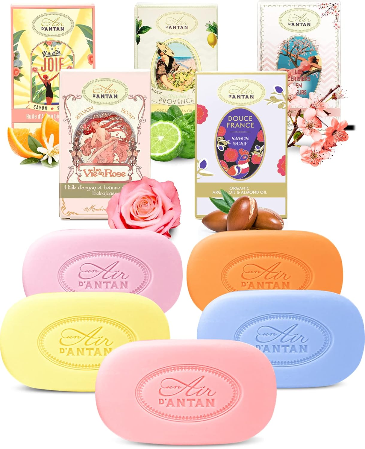 Un Air D'Antan Pack of 5 Soap - Organic Shea Butter, Organic Argan Oil, Sweet Almond Oil - Perfumes : Rose, Almond, Verbena, Orange Blossom, Cherry Blossom / Advent Calendar Beauty / Advent Calendar for Women image number 4
