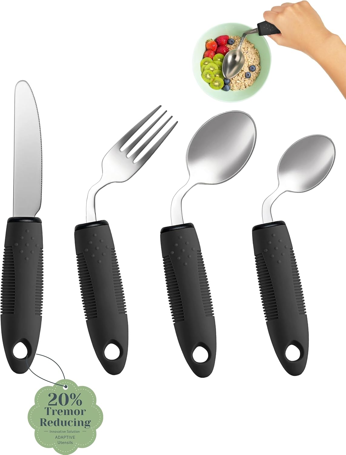 Adaptive Utensils Set (4-Piece) &ndash; 42&deg; Angled, 3 Oz Weighted Silverware for Parkinson'S, Hand Tremors and Arthritis &ndash; Easy-Grip Ergonomic Eating Aids (Left-Handed)