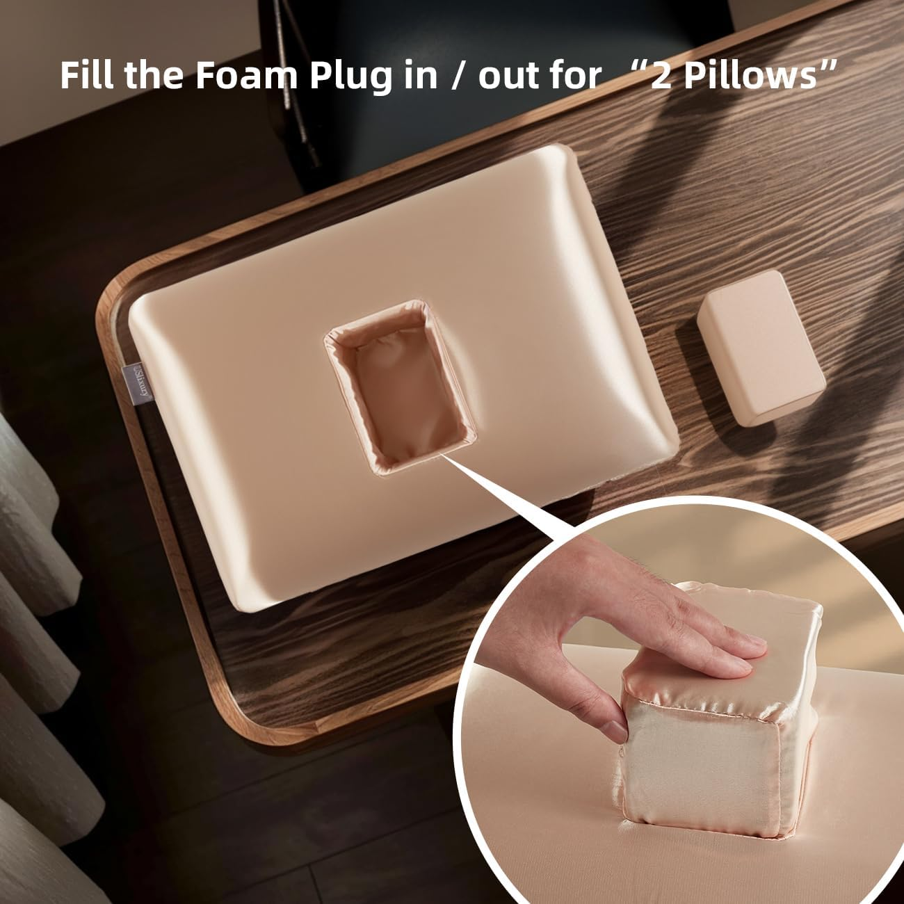 Uslixury Piercing Pillow - Ear Piercing Pillow with Foam Plug, 4''H Ear Pillow with 4.7 * 3.2 and off Center Ear Hole, Certipur-Us Memory Foam Piercing Pillow for Side Sleeper, Satin Cover, Champagne image number 6