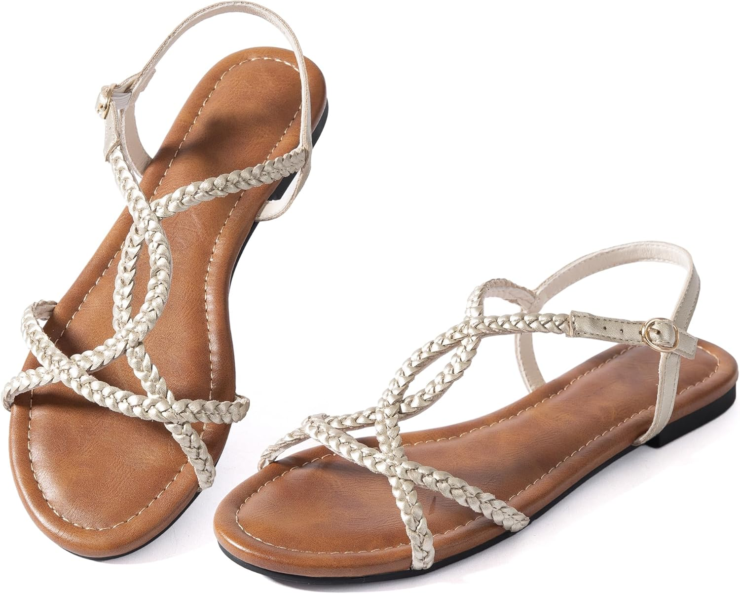 Mtzyoa Women Strappy Flat Sandals Gladiator Dressy Ankle Strap Summer Vacation Comfort Leather Ladies Casual Party Trendy