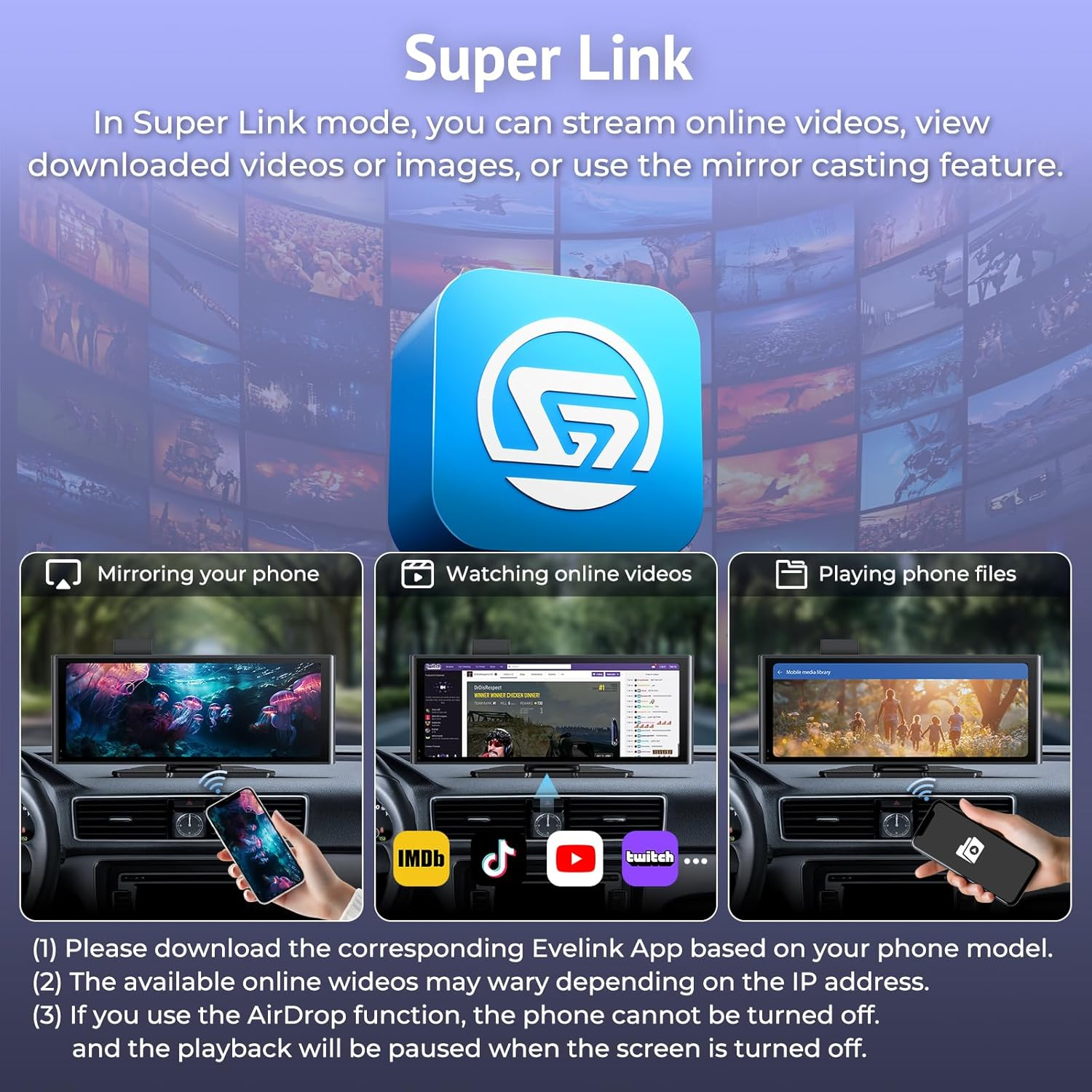 Wonsidary Carplay Screen for Car 10.26" HD IPS Wireless Compatible with Apple Carplay & Android Auto,Touch Car Play Screen with Superlink,4K Dash Cam,1080P Backup Camera,Loop Recording,Bluetooth Audio