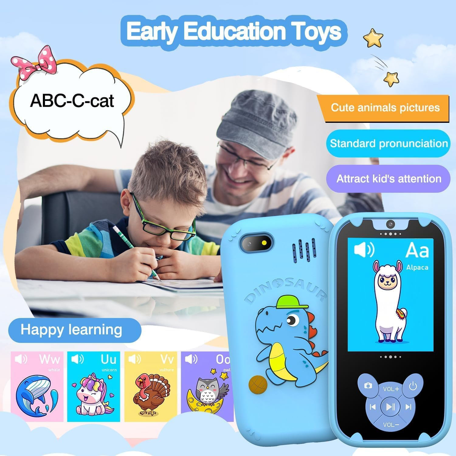 ZONEY Kids Smart Phone,Toddler Kids Camera Phone Toy, Touchscreen Unicorn Learning Toy Phone with Educational Games, Dual Camera MP3 Music Player, Girls Christmas Birthday Gifts (Blue) - Blue image number 3