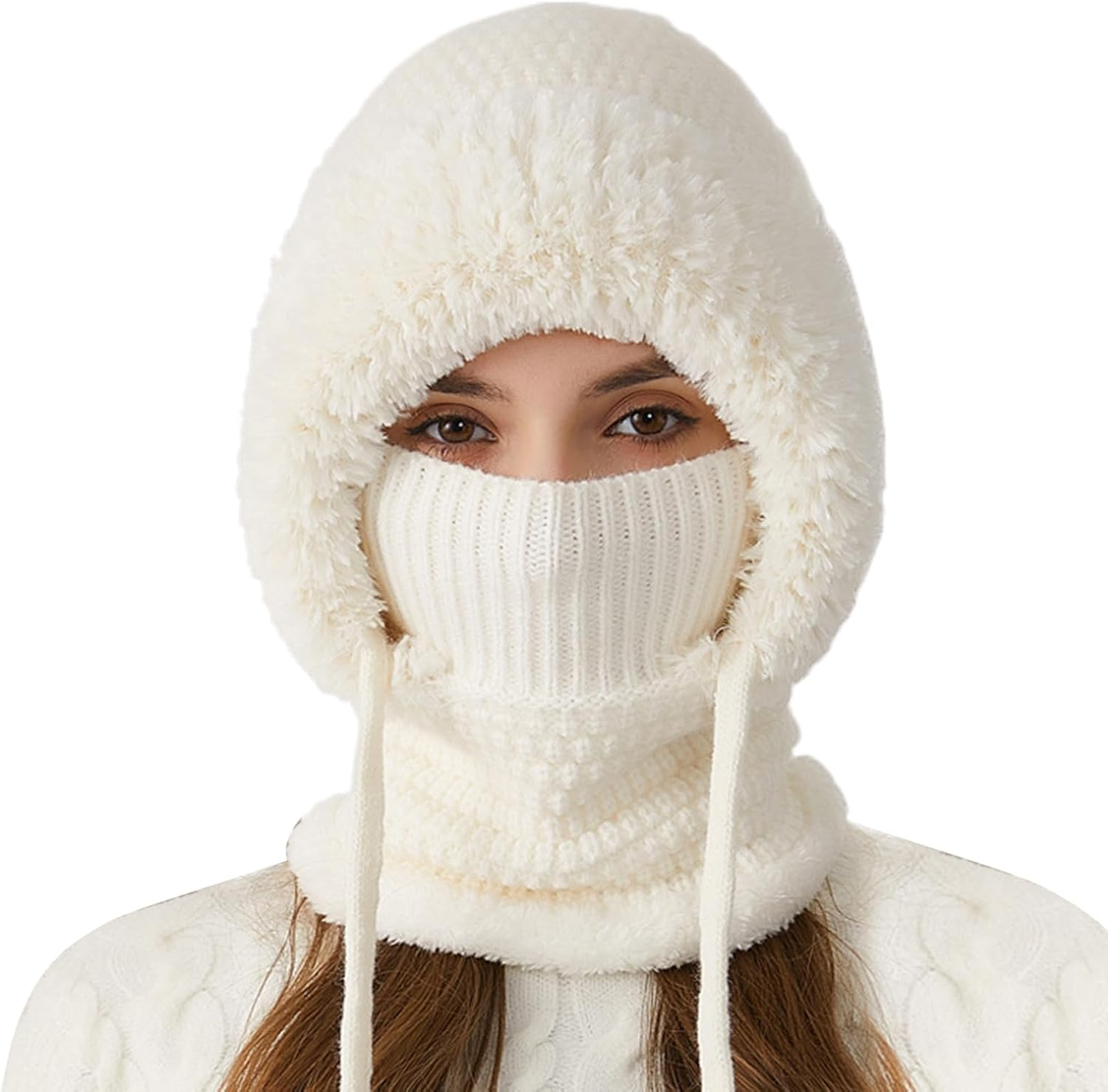 3-In1 Beanie Hat for Women | Winter Womens Beanie Hats | Windproof Knitted 3 In1 Storm Hood with Scarf and Face Maskes | Winter Snow Caps Plush Earmuffs Hats for Outdoor, Skiing & Hiking