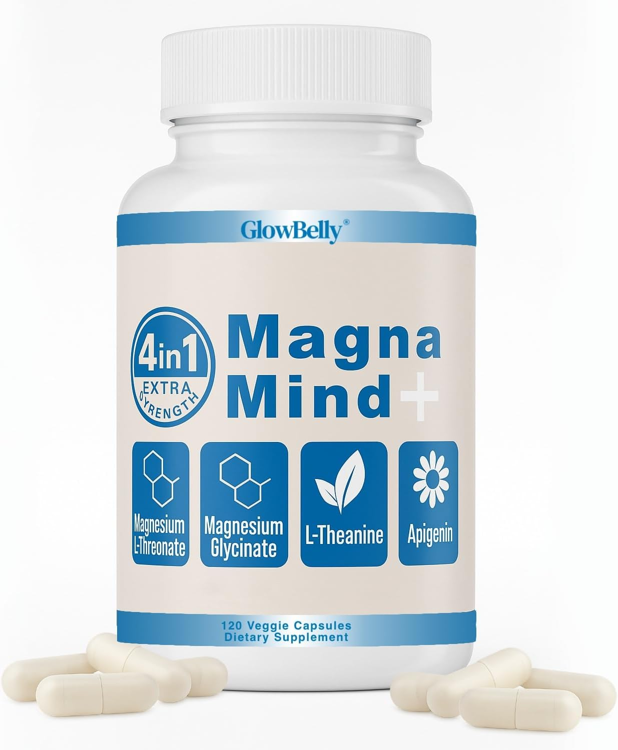 4 in 1 Magnesium L-Threonate, Magnesium Glycinate, L-Theanine & Apigenin | 120 Capsules Magnamind+ by Glowbelly image number 5