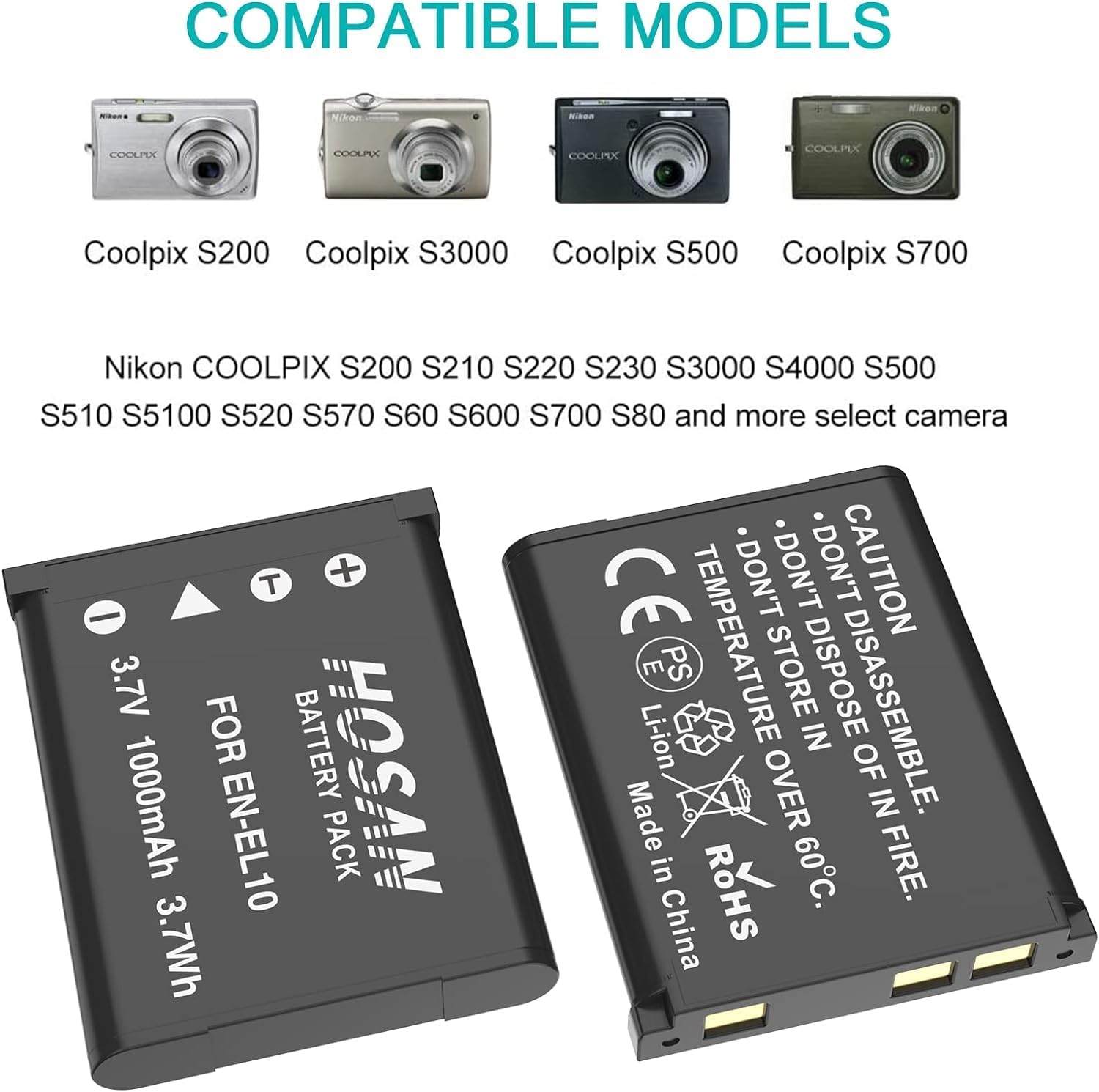 EN-EL10 Replacement Battery (2-Pack) and Portable USB Charger Kit for Nikon EN-EL10 for Nikon Coolpix S200 S210 S220 S230 S3000 S4000 S500 S510 S5100 S520 S570 S60 S600 S700 S80