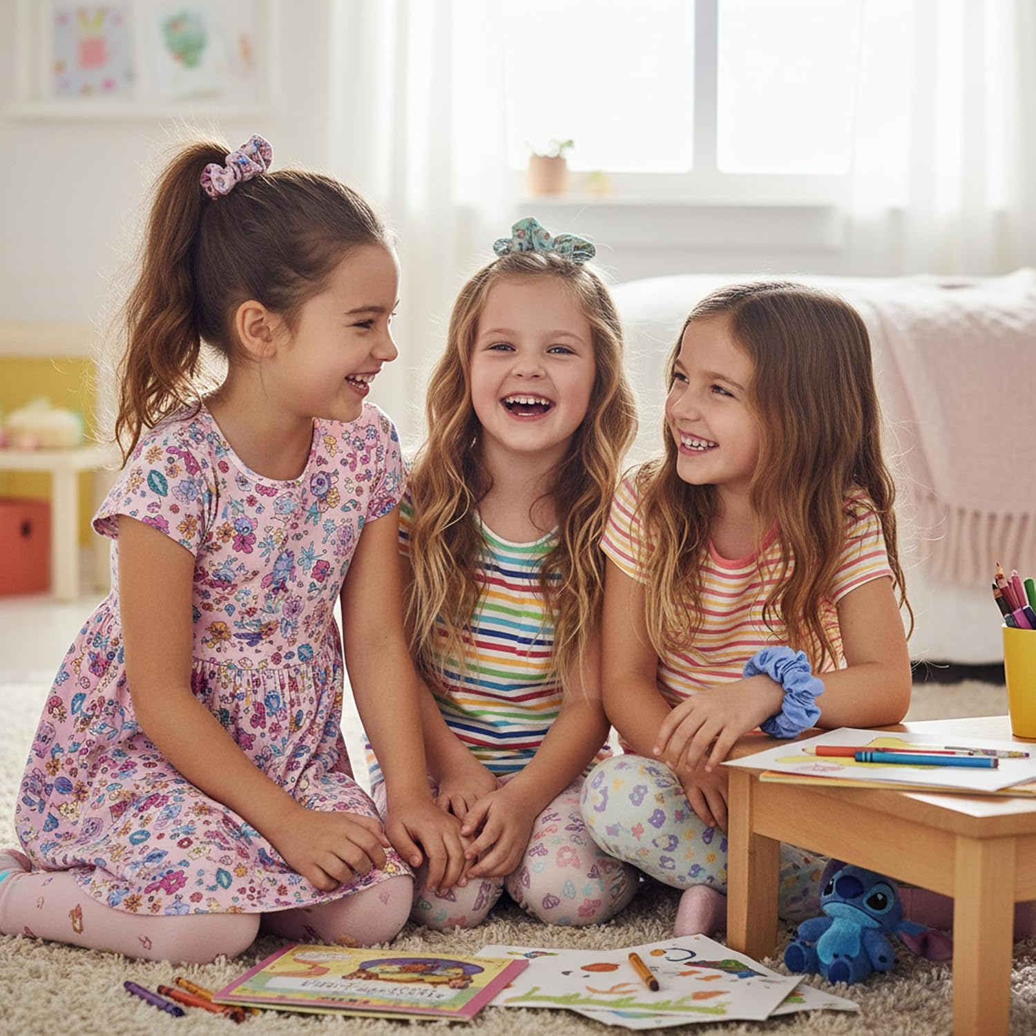 Disney Stitch Hair Scrunchies for Girls and Women, Non-Slip and Soft Ponytail Holder - 3 Scrunchies Set (2 Printed, 1 Solid Colour) image number 1