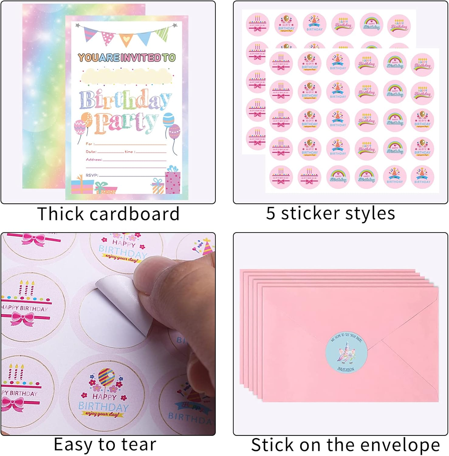 30 Pack Birthday Party Invitations for Girls with Envelopes and Sticker, Cute Birthday Party Invitations Cards for Kids, Party Decorations Supplies for Baby Shower Birthday Party image number 4