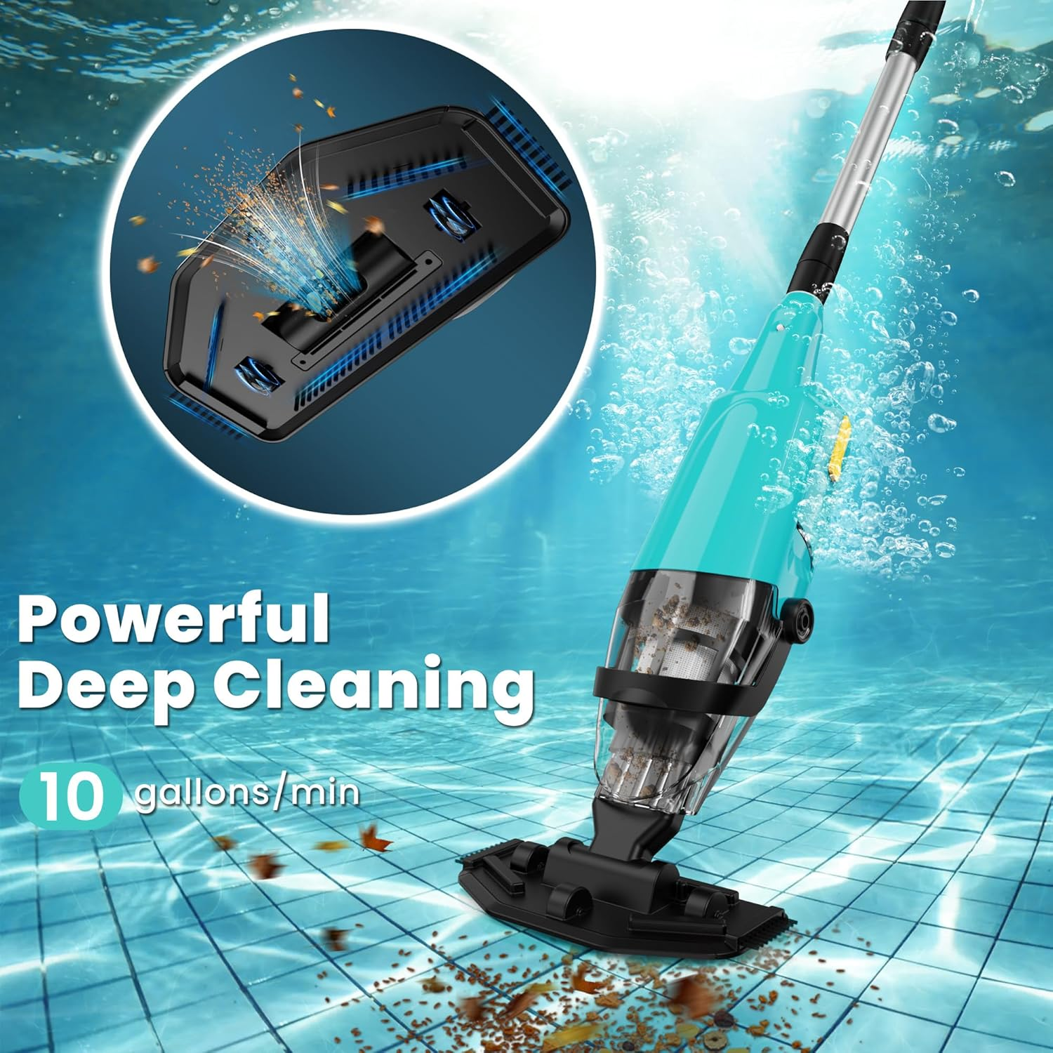 Efurden Pool Vacuum Handheld, Rechargeable Pool Cleaner with Running Time up to 60-Minutes Ideal for above Ground Pools, Spas and Hot Tub for Sand and Debris (Green) image number 2