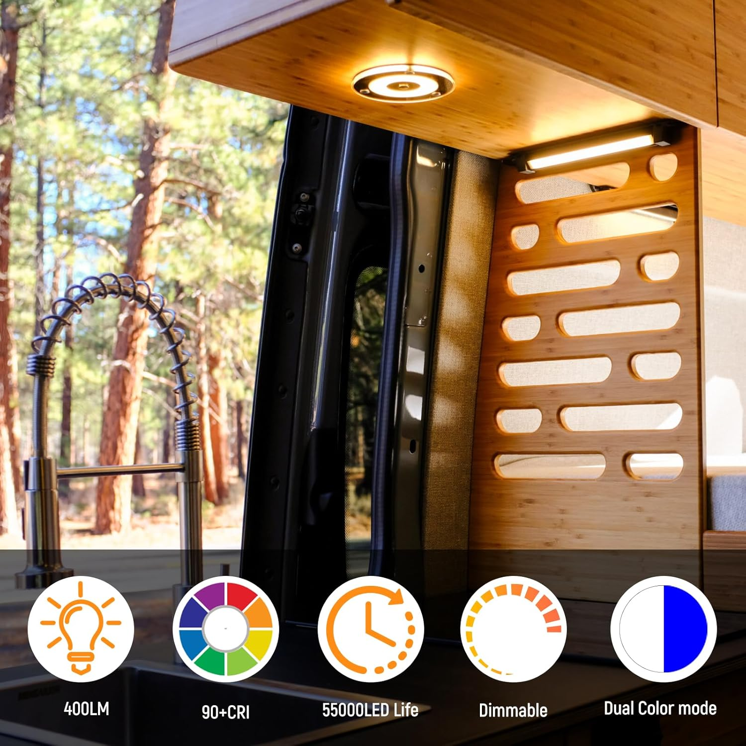 Camper Van 12V LED Panel Ceiling Light 120Mm 4.5W Dimmable 24V 400LM 3000K with Blue Night Light Touch Switch for RV Boat Caravan Marine Interior Lighting, Surface Mount Warm White 2 Pcs