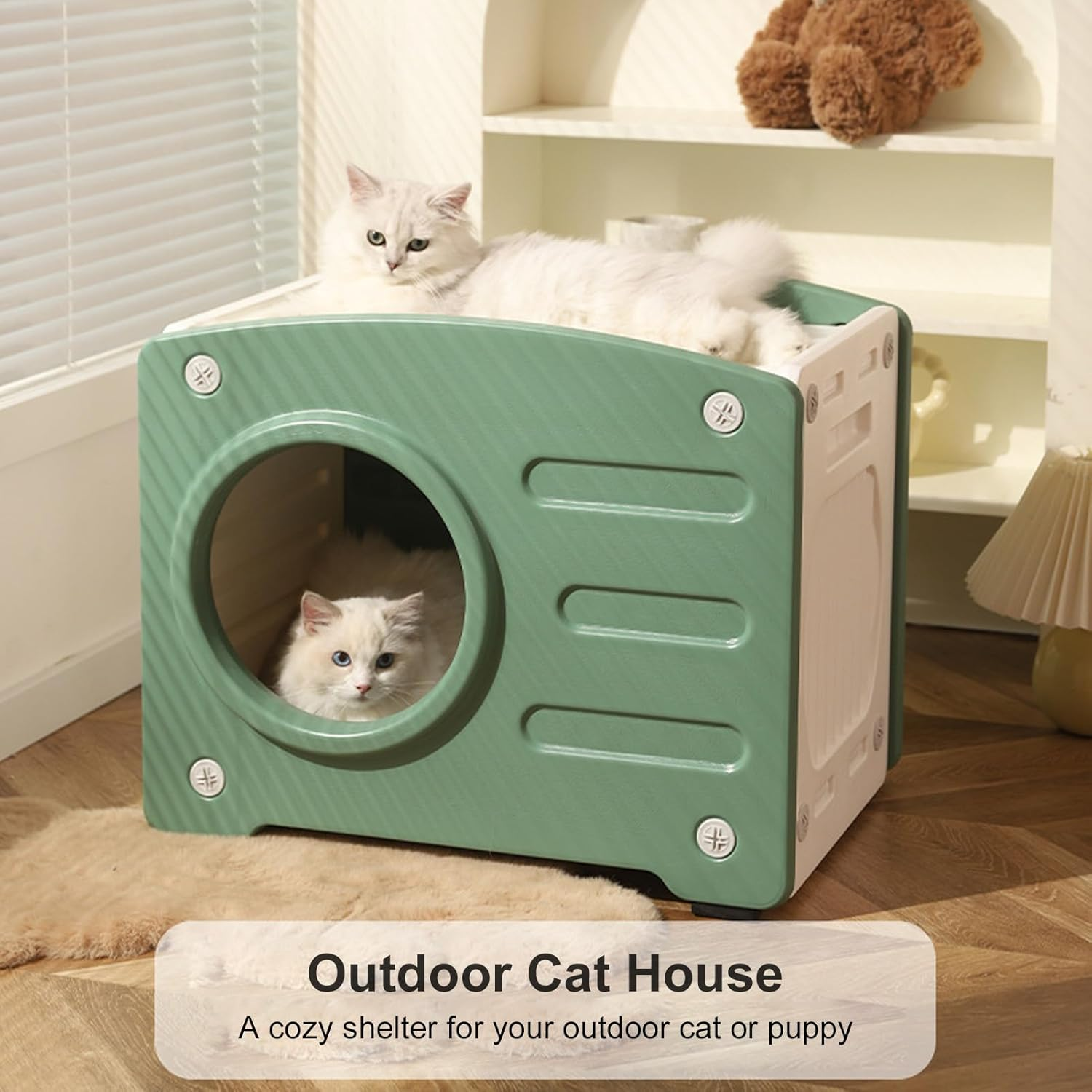 Outdoor Cat House, Rainproof Weatherproof Enclosed Feral Cat Shelter for Four Seasons, Large Space Plastic Multipurpose Indoor Pet House with 3 Vents for Small Dogs Cats (Green) image number 5