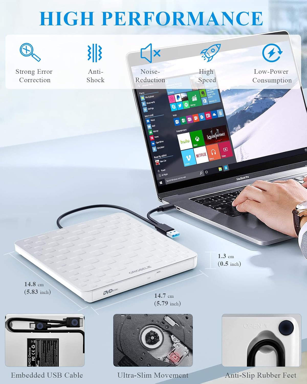 ORIGBELIE External CD DVD Drive for Laptop, USB 3.0 Type-C Ultra Slim 13Mm DVD Player Portable CD DVD +/-RW Drive CD Burner Reader Writer Recorder for Desktop PC Windows 11/10/8/7 Linux Mac OS (White) image number 4