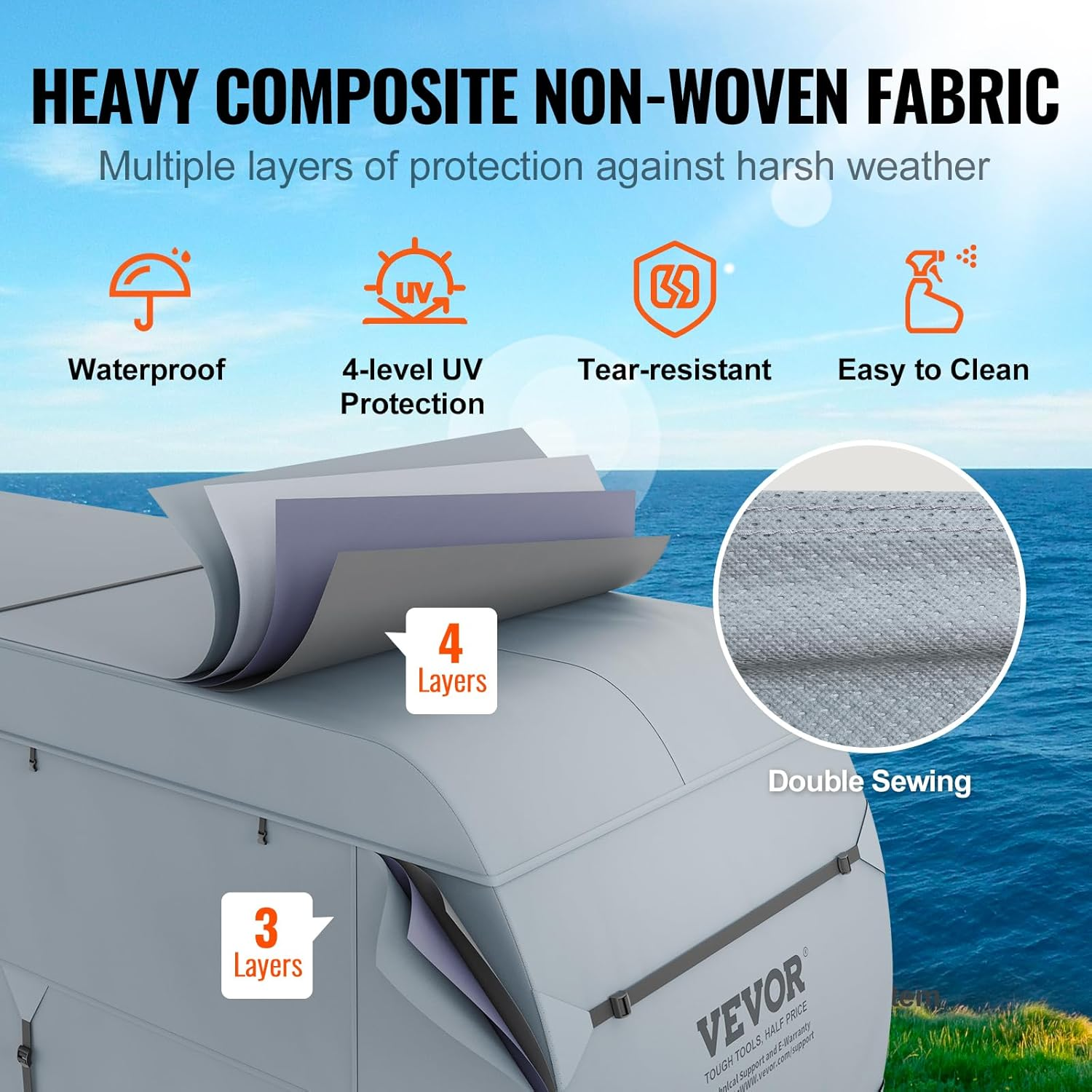 VEVOR Travel Trailer Cover, 9.1-9.8M RV Cover, 4-Layer Non-Woven Fabric Camper Cover, Waterproof, Windproof and Wear-Resistant Class a RV Cover, Rip-Stop Camper Cover with Storage Bag and Patches image number 5
