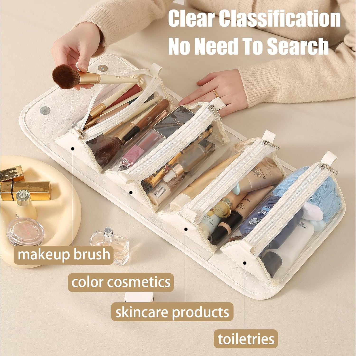 4-In-1 Expandable Makeup Organizer Makeup Bags for Women Cosmetic Bag for Purse Waterproof Cosmetic Bags (Gray)