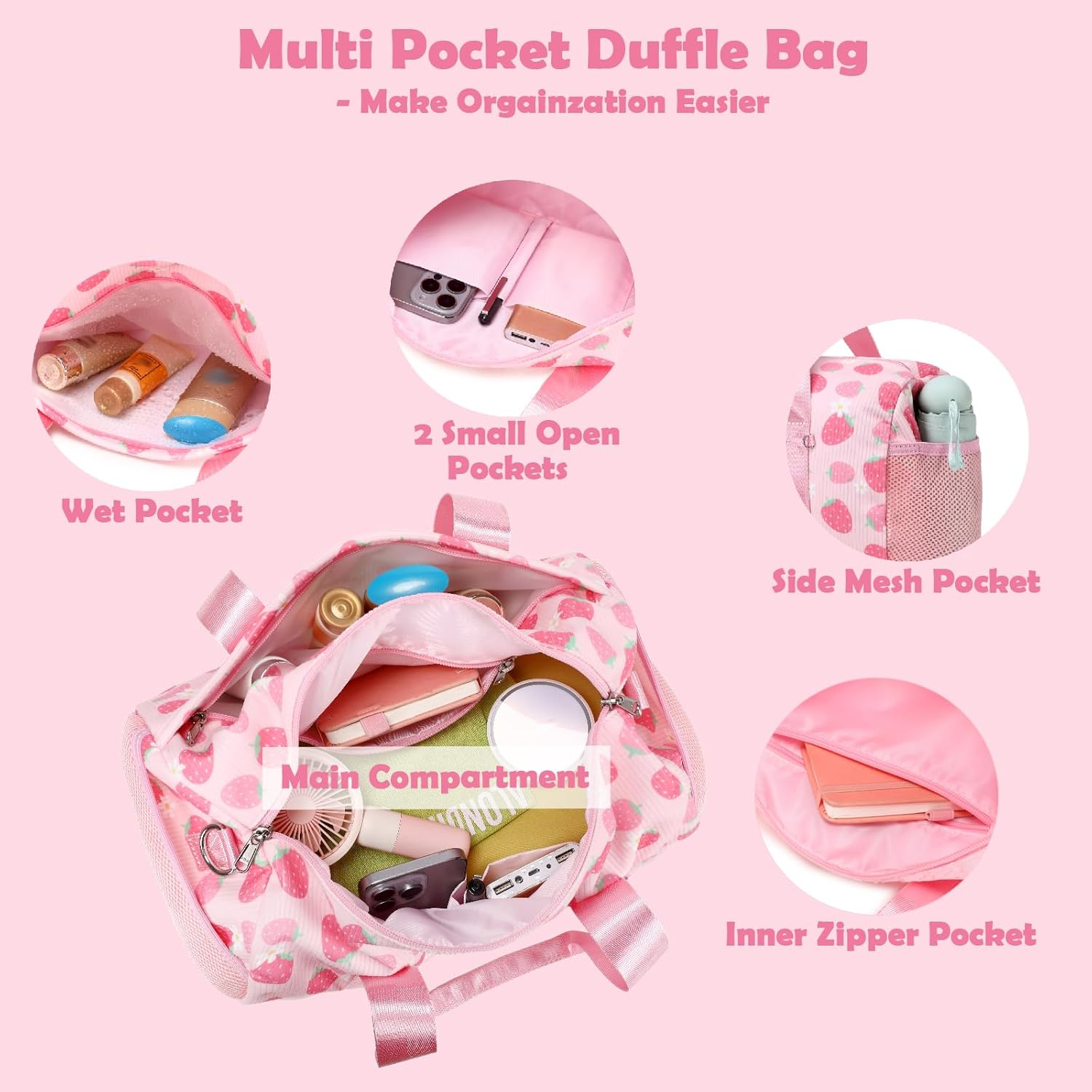 Ballet Bag for Girls, Strawberry Dance Bag with Plush Pendant Small Dance Bag Gymnastics Sport Bag Overnight Travel Sleepover Bags with Wet and Dry for Toddler Girls Age 4-6 image number 4
