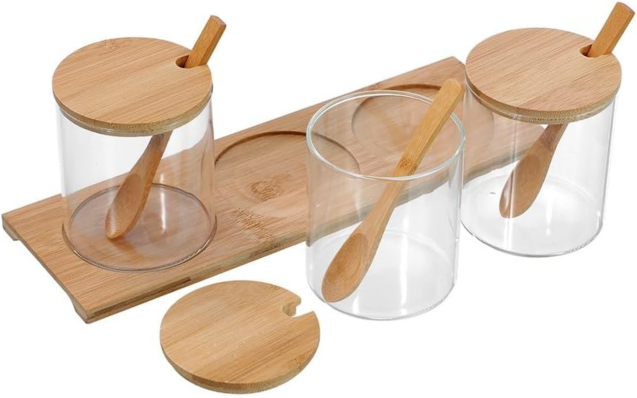 Lemon & Lime 380ML CAMDEN GLASS SPICE JAR 3PC SET BAMBOO TRAY with SPOONS