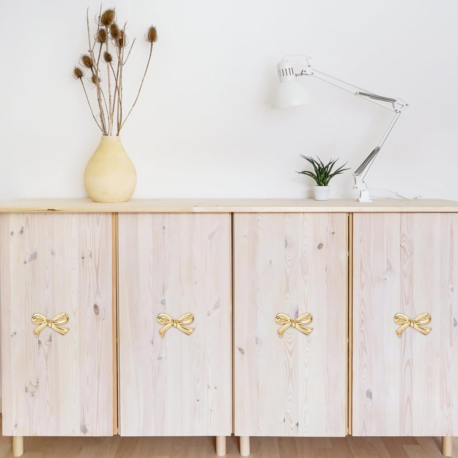 4Pcs Brass Bow Cabinet Knobs, Vintage Bow Gold Dresser Knobs Decorative Drawer Pull Handles for Cupboard Wardrobe Hardware Closet Home Kitchen (2 Styles)