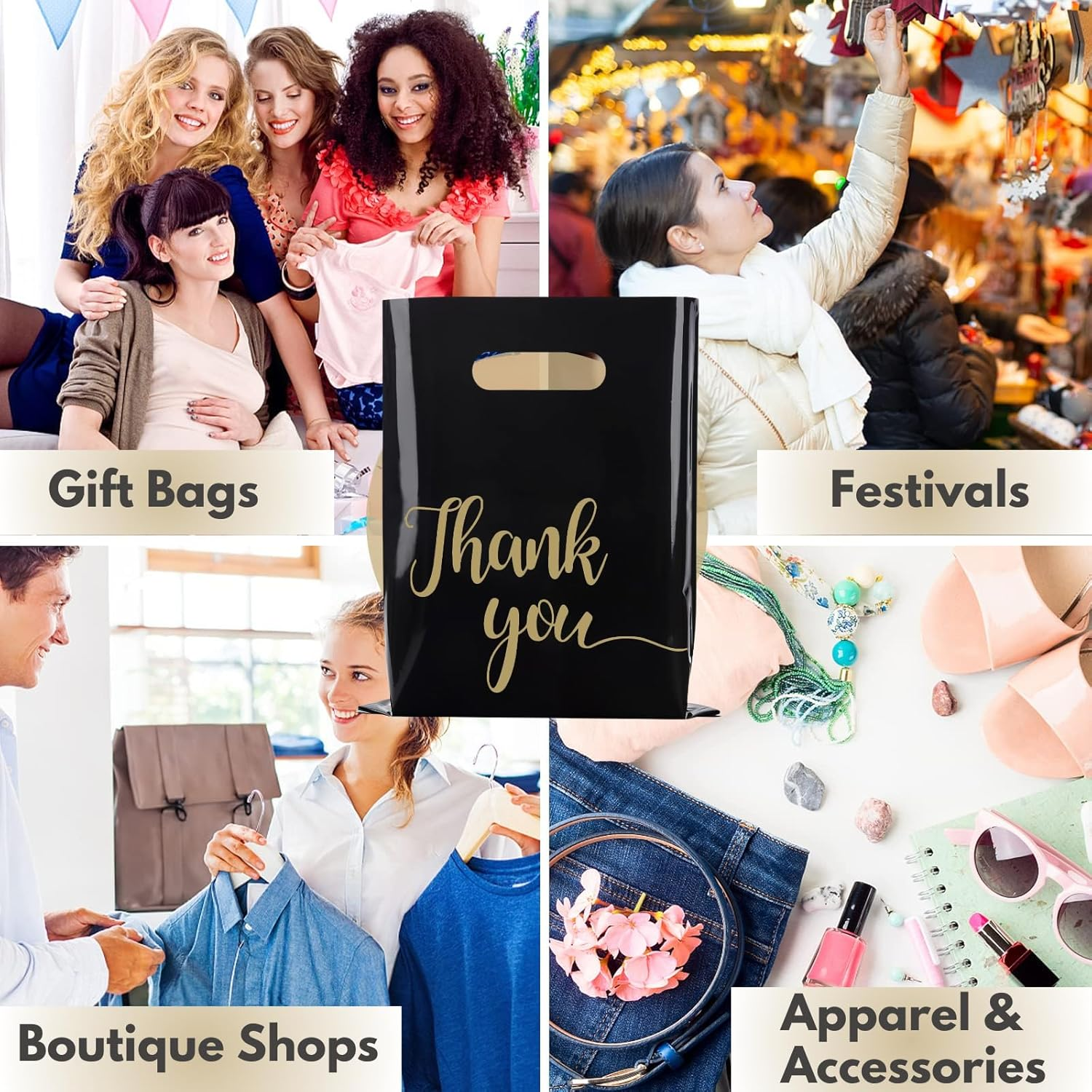 100 Pack Thank You Bags for Business Small Shopping Bags, Plastic Merchandise Gifts Bag for Packaging Products, Retail Boutique for Wholesale Clothes Stores, Polka Dot, Black (Black, 23X30Cm) image number 3