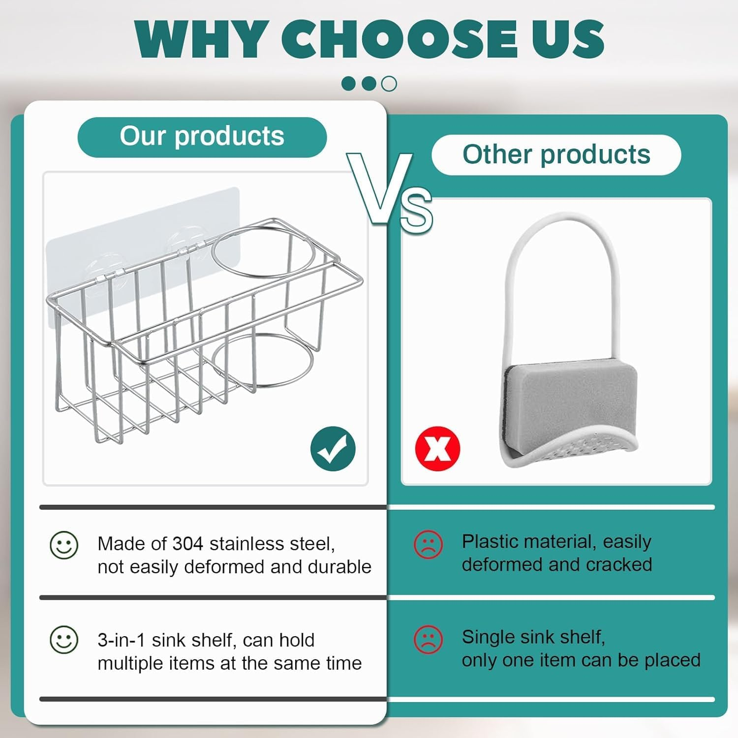 Sponge Rack for Kitchen Sink, Sink Rack Kitchen Sink Storage Box Stainless Steel, Sticky Dish Brush and Cloth Rack (With Nail Free Stickers) image number 4