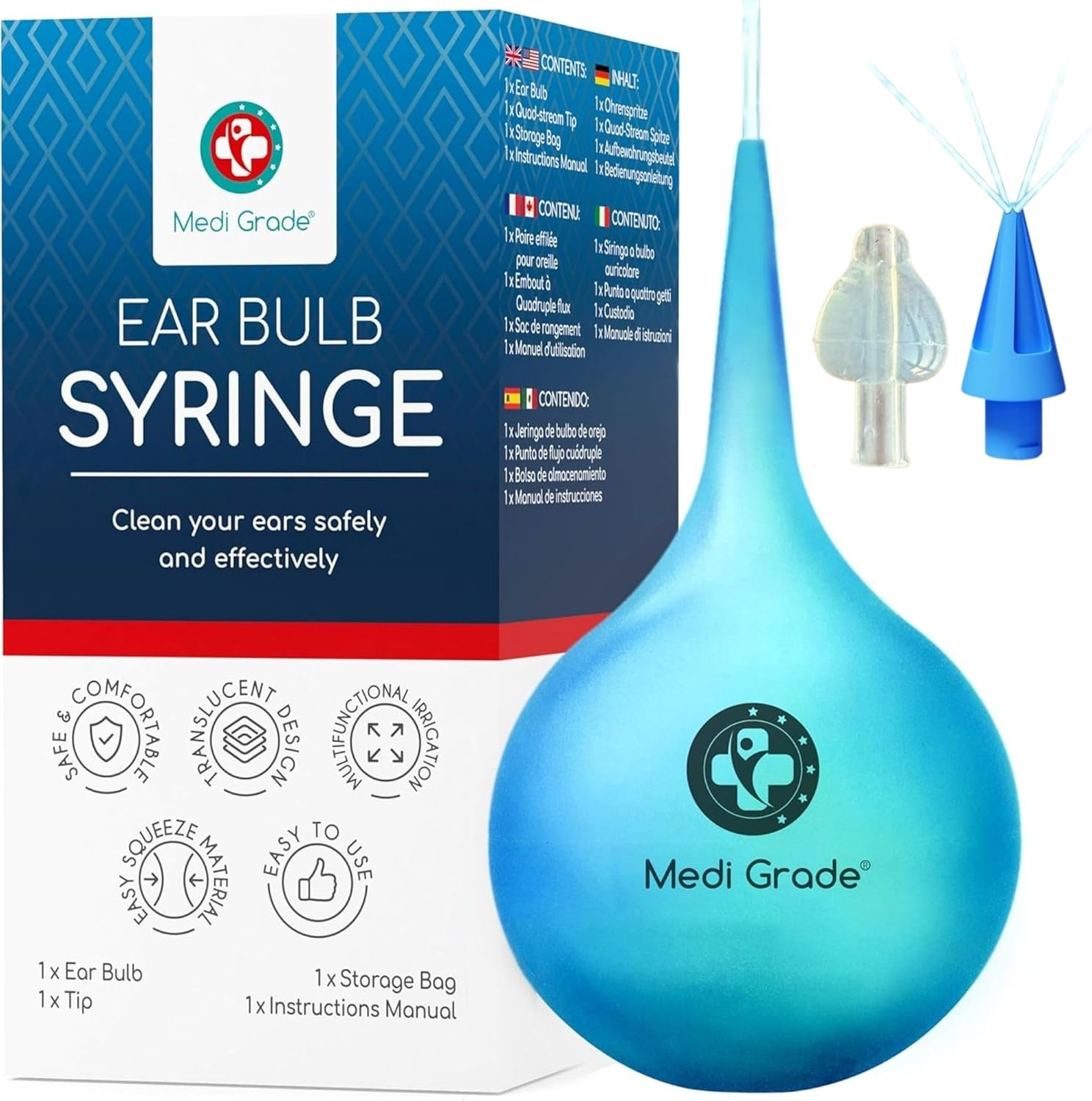 Medi Grade 2-In-1 Ear Bulb Syringe Ear Wax Removal Kit & Nose Cleaning Kit (75 Ml) &ndash; Quad-Stream Ear Wax Remover with Nasal Irrigator Tip for Babies & Toddlers &ndash; Gentle Ear Cleaner and Nasal Rinsing