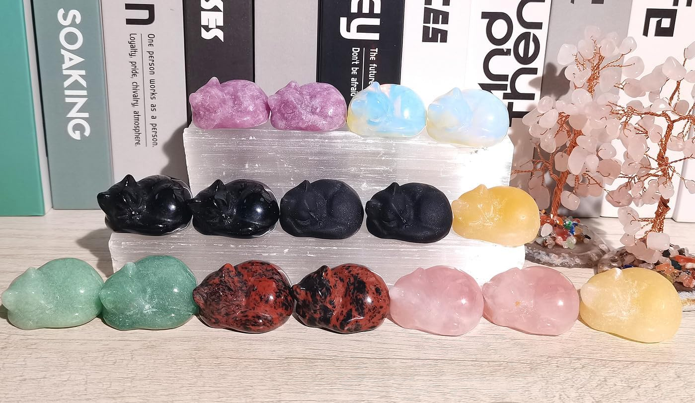 QINJIEJIE Fancy Calcite Cat Crystals Decor Sleeping Cat Statue Healing Stone Figurine Decors Gift Hand Carved Gemstones Office Room Home Desk Lucky Decoration Cute Orange Gifts for Women Men image number 5