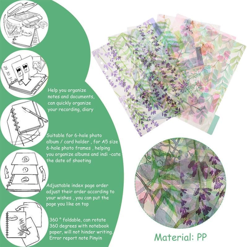 TEHAUX 12Pcs A5 Binder Index Dividers, Assorted Color PP 6-Hole Floral Pattern, Transparent Tab Dividers for Easy Organization, Separation Sheets Ideal for Office and School Use image number 2