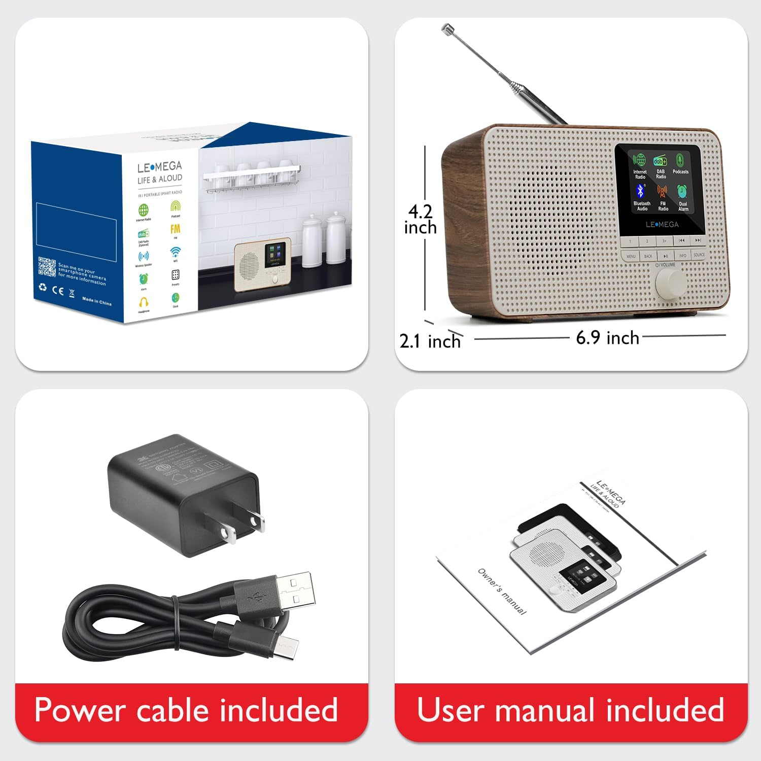 LEMEGA IR1 Portable Internet Radio,Fm Digital Radio,Wifi,Bluetooth,Dual Alarms&Clock,Kitchen/Sleep/Snooze Timer,40 Pre-Sets,Headphones Output,Colour Screen,Mains Powered and AA Batteries - Walnut image number 4