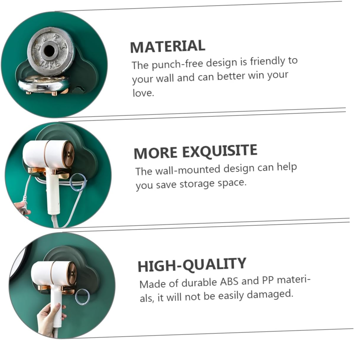 PENIKOKO Hair Dryer Shelf No Punching Design Hair Dryer Support Bathroom Storage Container Abs Pp image number 5