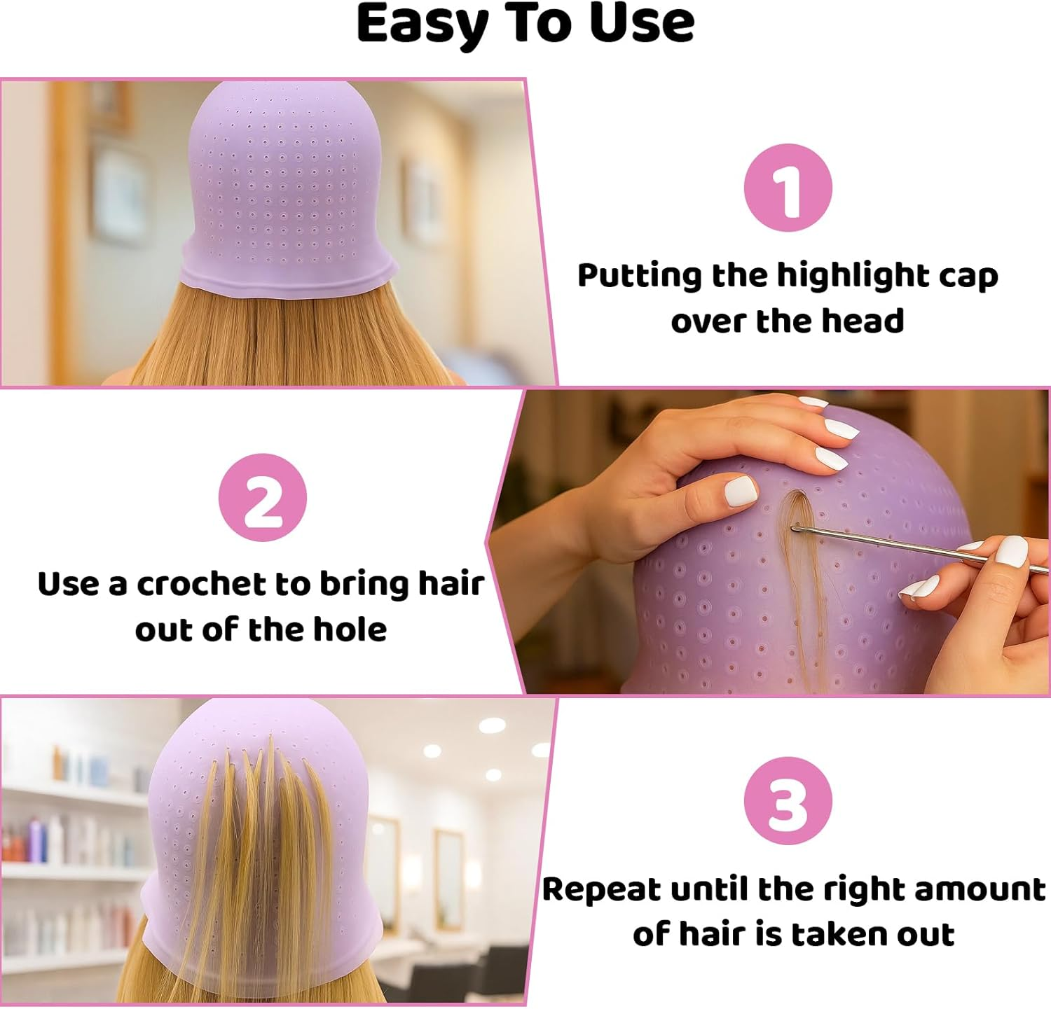 Highlight Cap, 6-Piece Set with Highlight Cap, Steel Needles and Dye Combs, Ideal for DIY Highlights Making Yourself and Precise Hair Dyeing, Made of High-Quality Silicone image number 3