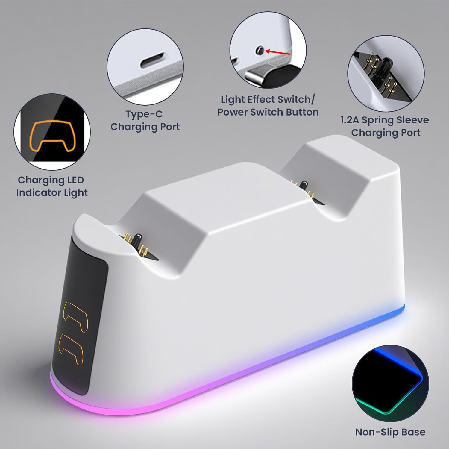 Pearyaest Controller Charger for Ps5,Fast Charging Station Dock with LED Indicator,Dualsense Charging Station for PS5 Controller,Fast Docking Charger with USB Type-C Charging(White)