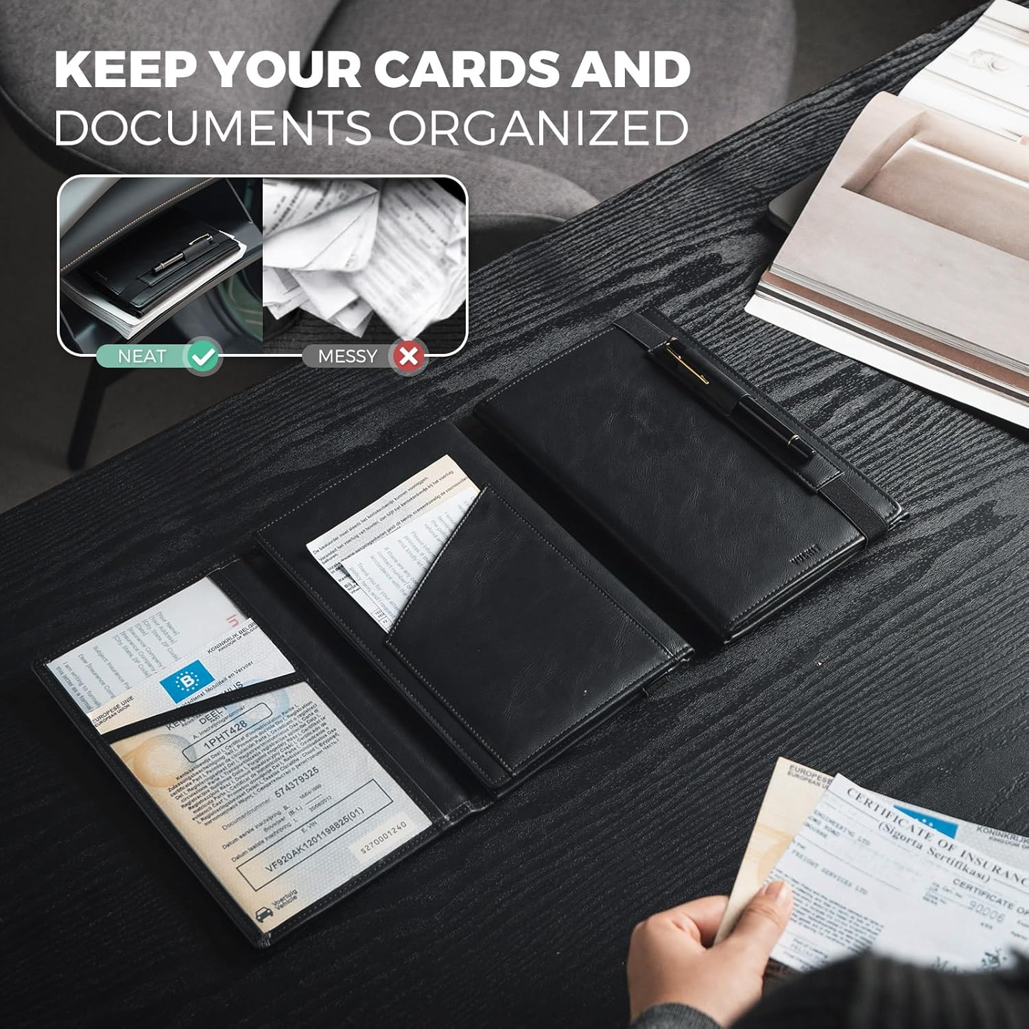 VULKIT Car Registration and Insurance Card Holder Vehicle Glove Box Organizer Leather Tri-Fold Design for Car Keys, ID Holder, Essential Documents Black image number 2