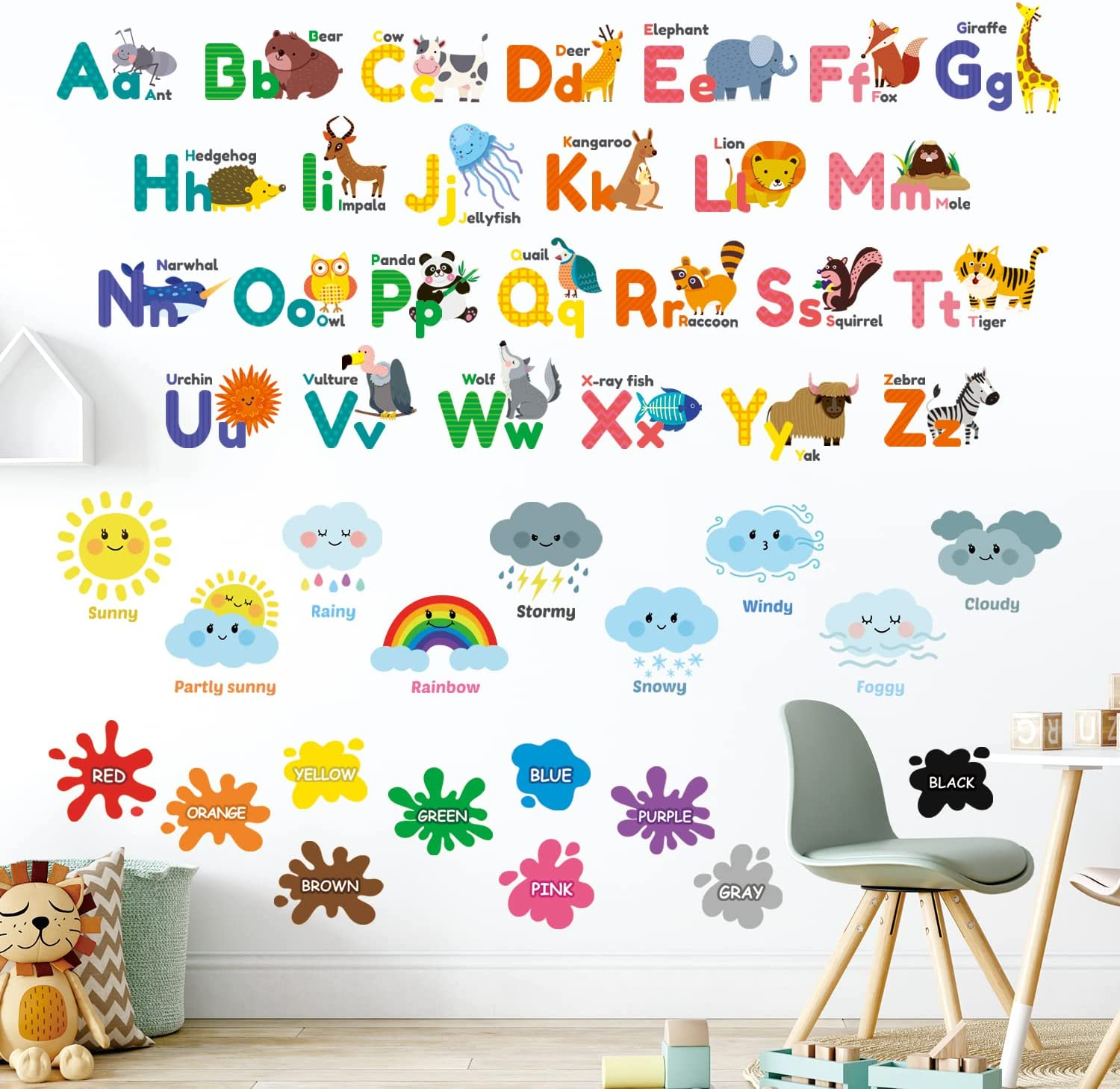 DECOWALL DSL-8070 Animal Alphabet Numbers Colour Weather Kids Wall Stickers Decals Playroom Letters Decor Bedroom ABC Nursery Classroom Toddlers Learning Educational Baby Rainbow Colorful image number 4