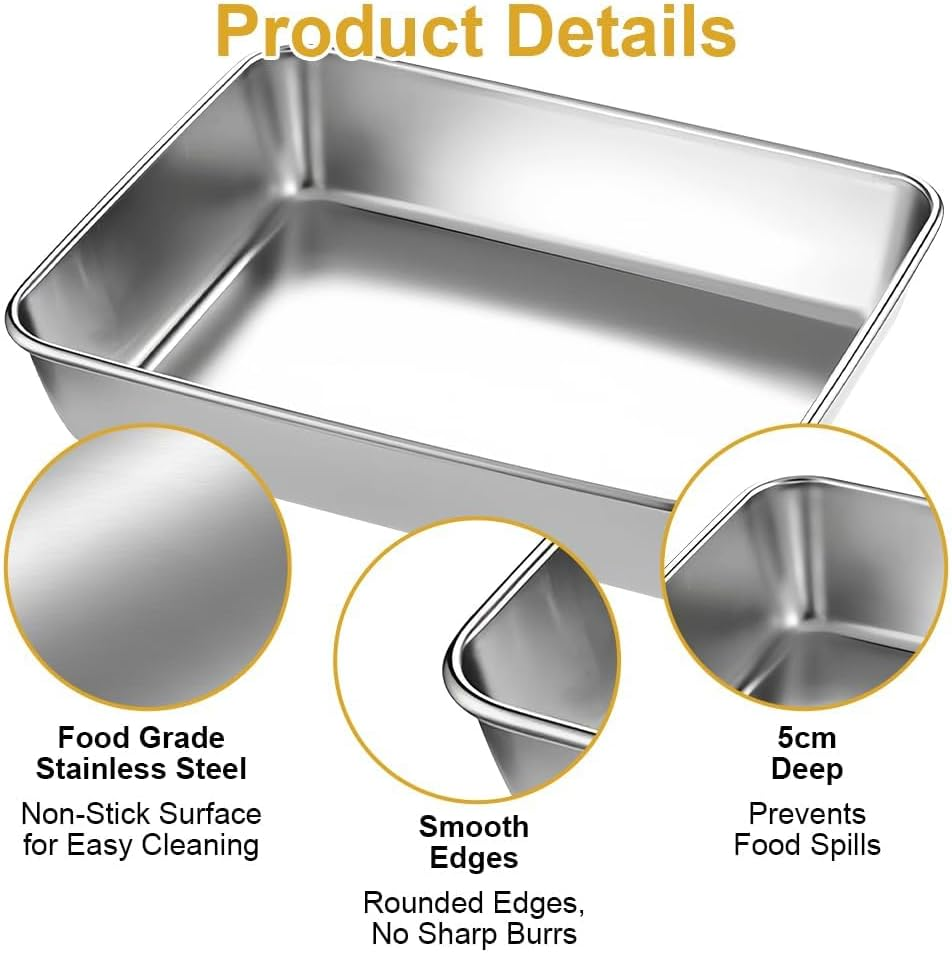 Baking Tray Set of 3, Stainless Steel Deep Baking Sheets Pans,25.5 X 19.5 X 5 Cm Non Stick Metal Baking Pans, Cooking Trays, Easy to Clean, Rectangle Cake Tin for Oven Baking, Cooking and Serving image number 4