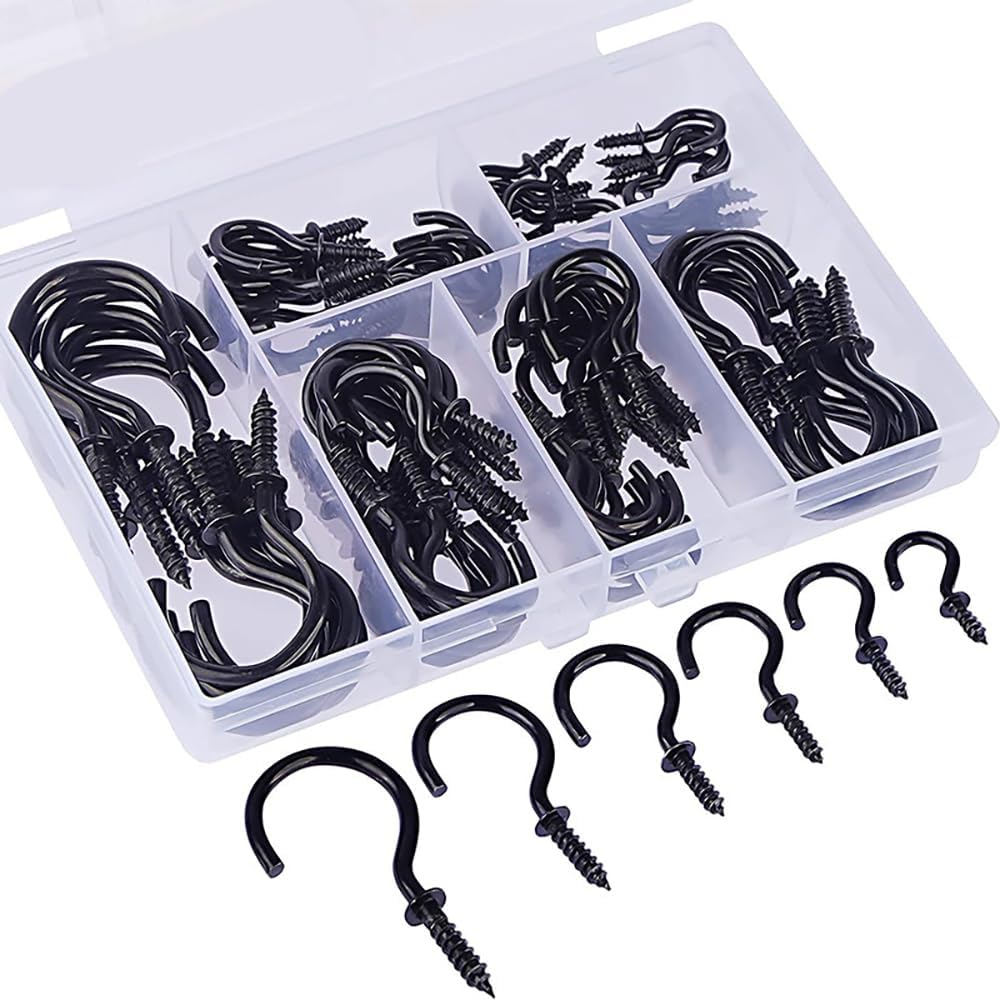 110-Pack Black Screw Hooks, 6 Sizes (1/2" to 1-1/4") Metal Cup Hooks for Hanging &ndash; Heavy Duty Hardware Hooks for Kitchen, Garage, DIY & Home Organization image number 2