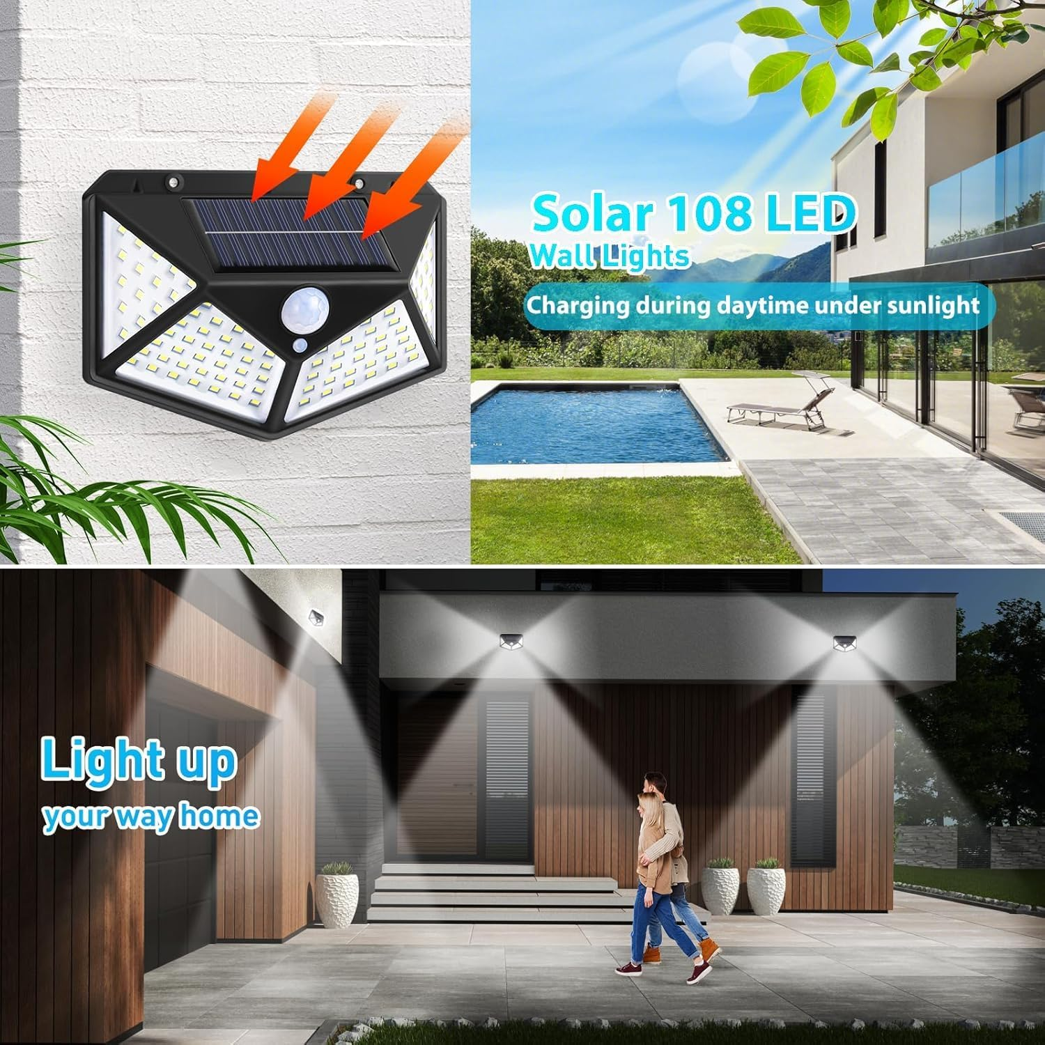 Roshin 270&deg; Solar Lights Outdoor - Motion Sensor Solar Wall Mounted Lights with 3 Light Modes - Waterproof Solar LED Flood Lights Outdoor for Garden, Patio, Garage, Deck, Pathway, Porch (4 Pack) image number 3