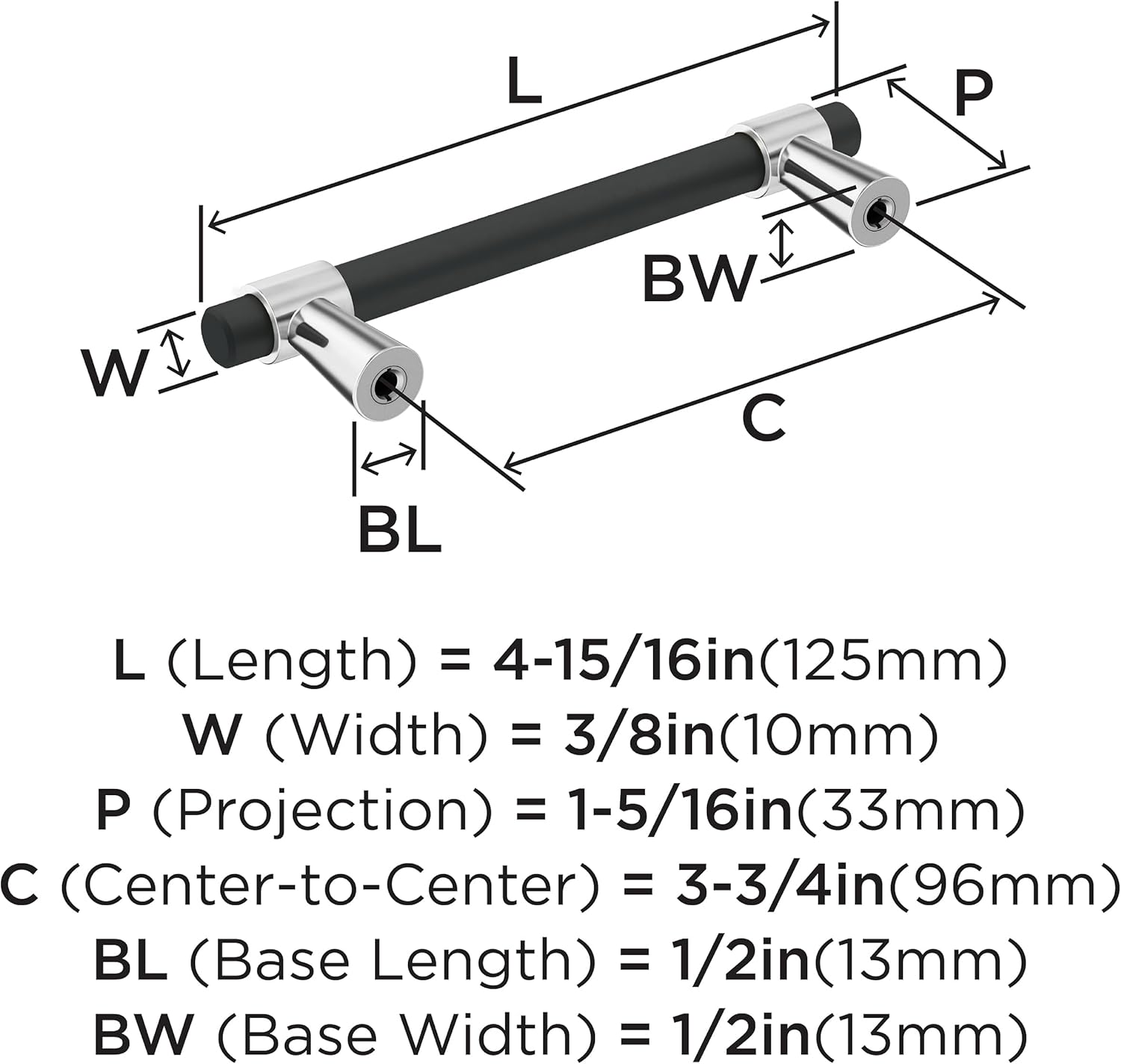 Amerock | Cabinet Pull | Polished Chrome/Matte Black | 3-3/4 Inch (96 Mm) Center-To-Center | Mergence | 1 Pack | Drawer Pull | Cabinet Handle | Cabinet Hardware image number 2