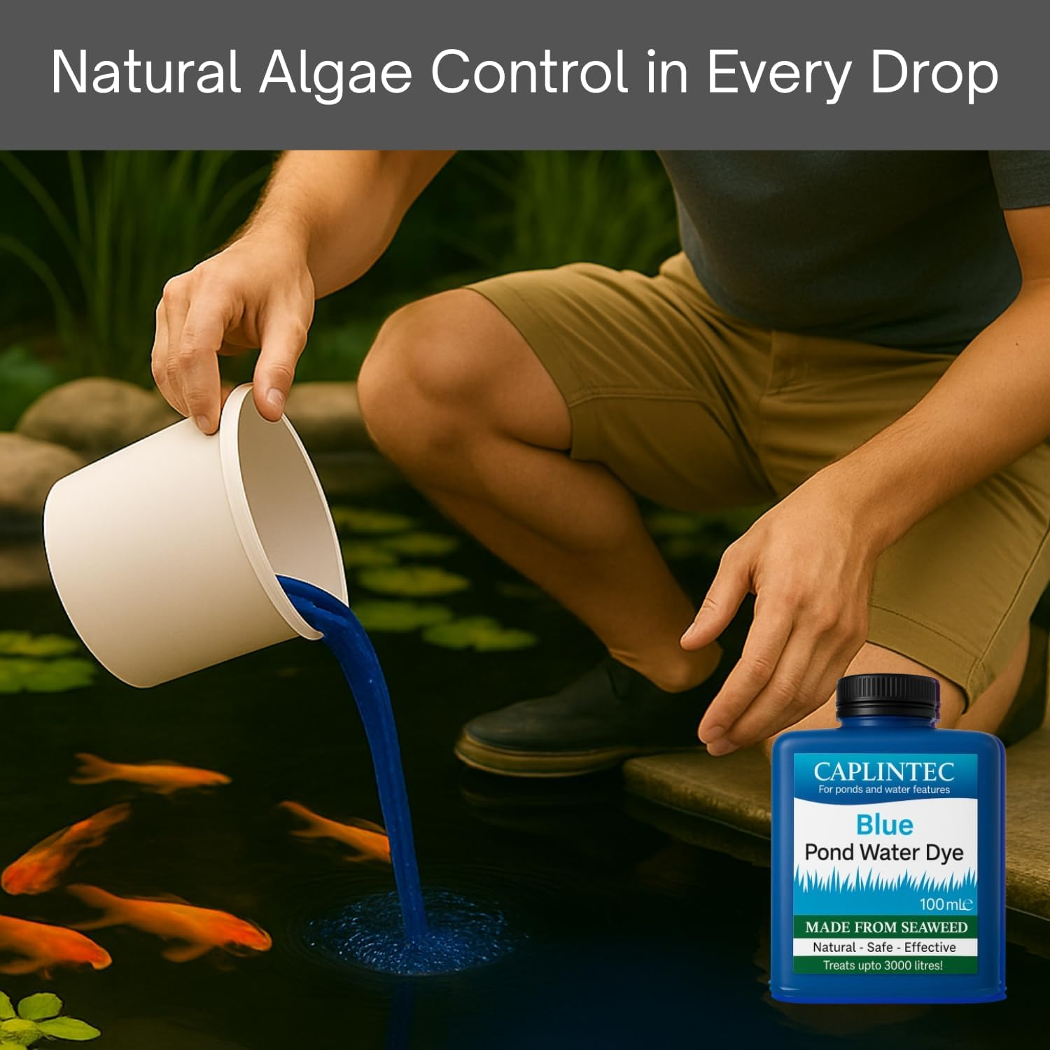Caplintec Blue Pond Dye | Eco-Friendly Blue Liquid Pond Dye Safe for Fish and Wildlife | Pond Algae Control & Weed Prevention | Water Garden Pond Treatment 3000 Litres Coverage (100 Ml, Blue)