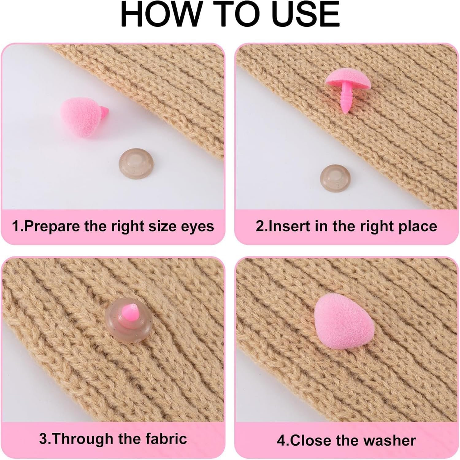 32Pcs Safety Noses 11/15/17/18Mm Plastic Noses with Washers, Flocking Teddy Bear for Crochet, Plush, and Craft Puppets (Pink & Black) image number 3