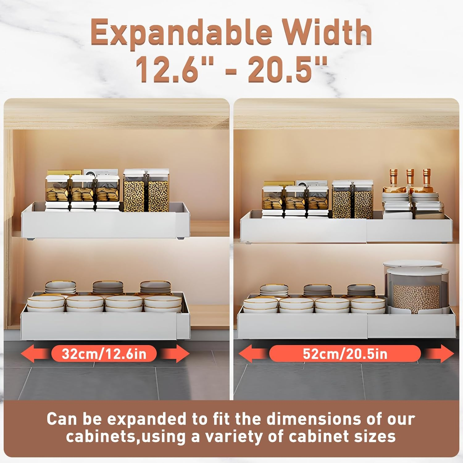 Expandable (12.6"-20.5") Pull Out Cabinet Organizer Sliding Drawer Kitchen Storage, Pantry Shelves Adjustable Peel and Stick Slide Out Drawers, Heavy Duty Adhesive Retractable Bathroom Rack image number 3