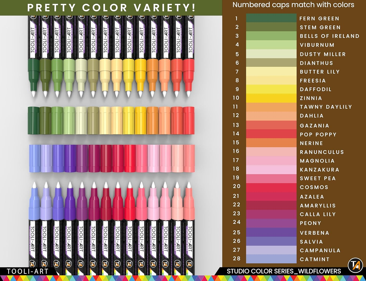 28 Wildflower Colours Acrylic Paint Pens Studio Colour Series Markers Set 0.7Mm Extra Fine Tip, Rock Painting, Glass, Mugs, Wood, Metal, Canvas, DIY, Detailing. Non Toxic, Waterbased, Quick Drying image number 1