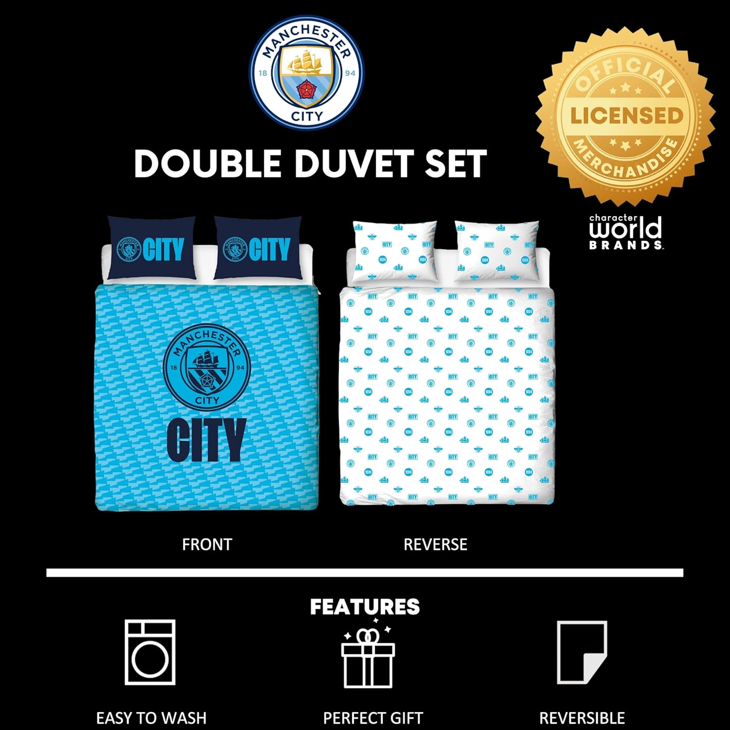 Manchester City FC Character World Official Double Duvet Cover Set, Crestcol Design | Blue Reversible 2 Sided Football Bedding Cover Official Merchandise Including Matching Pillow Cases image number 1