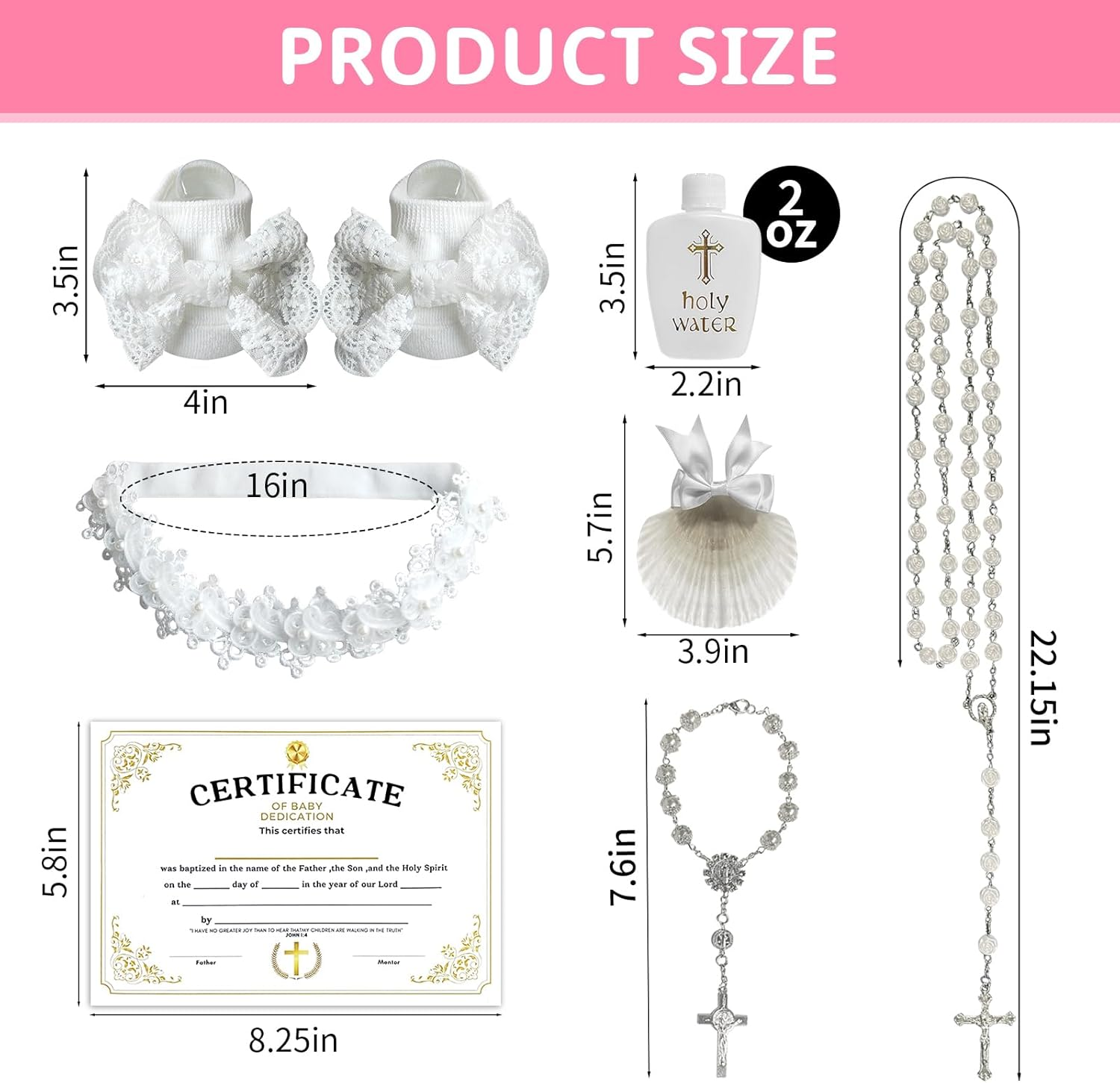 7Pcs Baby Girl Baptism Set, Baptism Socks Pearl Headband Cross Charm Rosary Certificate, Seashell, Holy Water Bottle, First Communion Gift image number 5