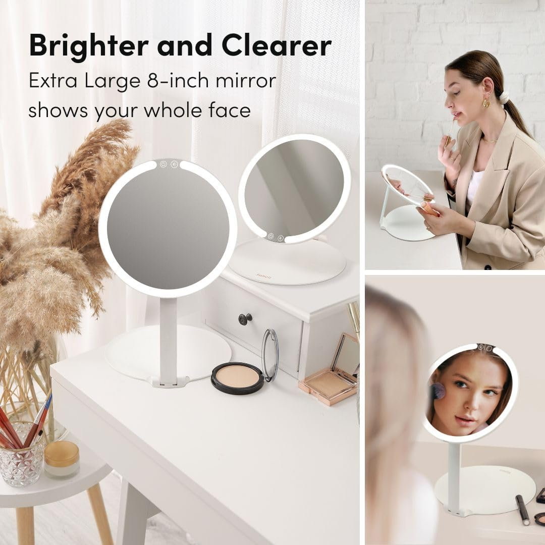 Fancii Rechargeable Travel Makeup Mirror with LED Light, 8" Foldable Stand, 3 Color Lighting Travel Mirror. Dimmable & Lightweight Portable Vanity Mirror, Beauty Travel Essential, Abigail (White) image number 2