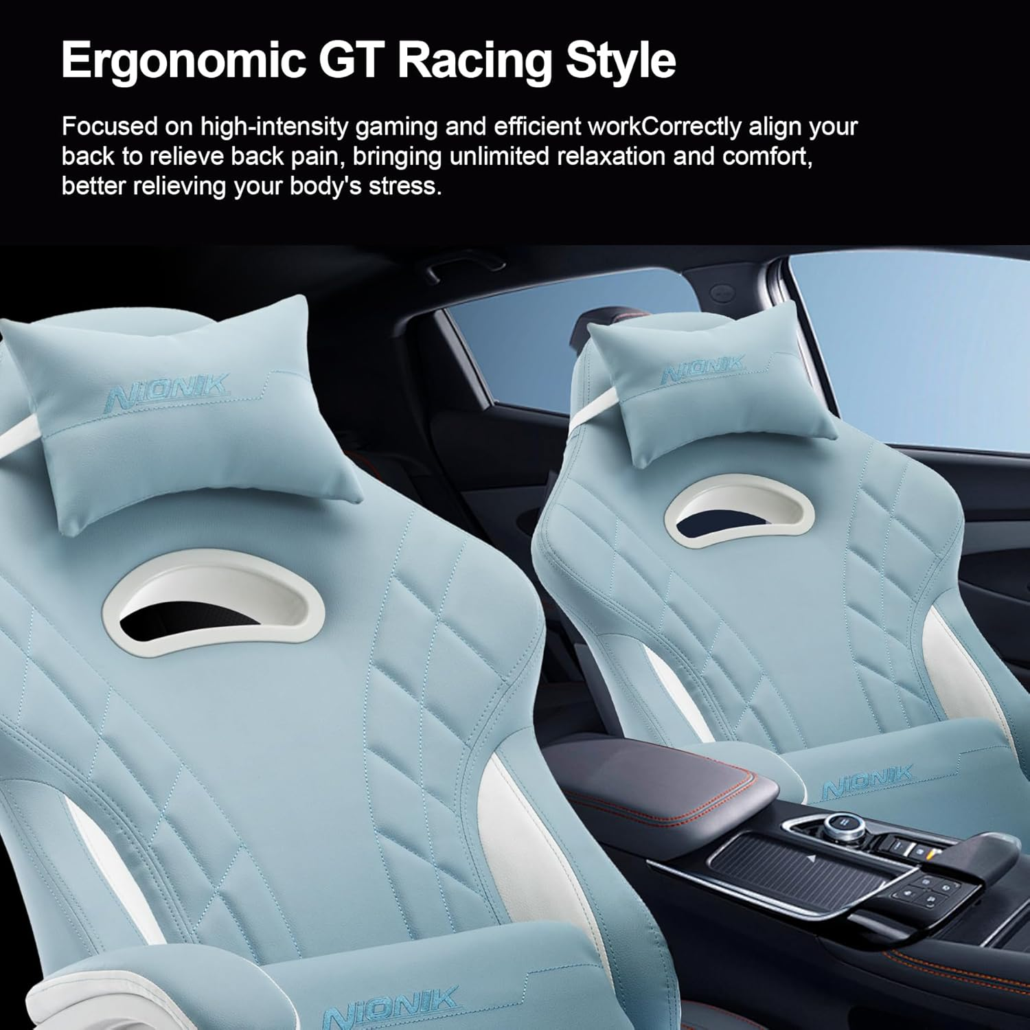 Segedom Gaming Chairs High Back Massage Game Chair with Footrest Computer Reclining Chair with Headrest and Lumbar Support for Big and Tall PVC Leather Gaming Chair for Adults (Cyan White) - Blue image number 2