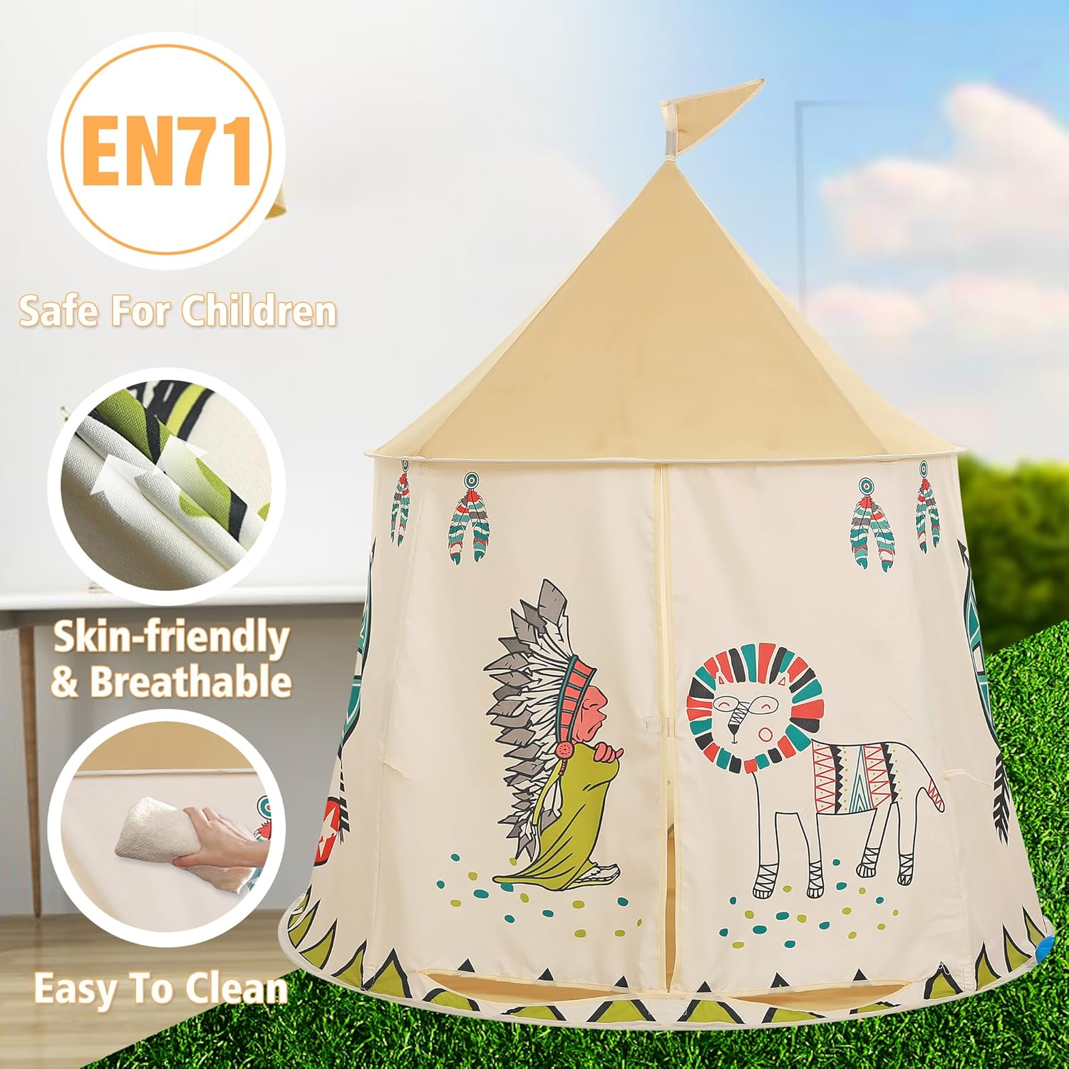 Kids Play Tent Pop-Up Indian Tent Tipi Princess Prince Castle Play Tent EN71 ASTM Certified Indoor Outdoor Portable Playhouse Boys & Girls Birthday Gift image number 4