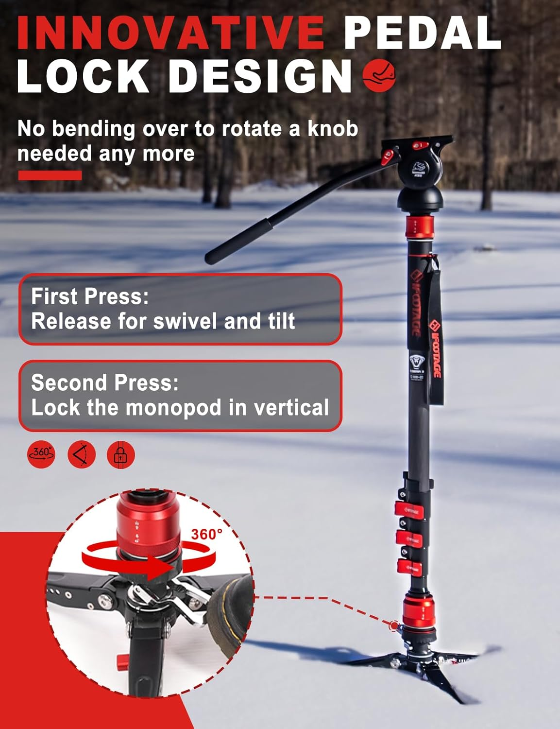 IFOOTAGE Cobra 3 Monopod with Pedal C180F-P, 71" Professional Carbon Fiber Travel Video Camera Monopod with Tripod Base, Payload 17.64 Lbs, Compatible with DSLR, Cameras, Camcorders image number 3