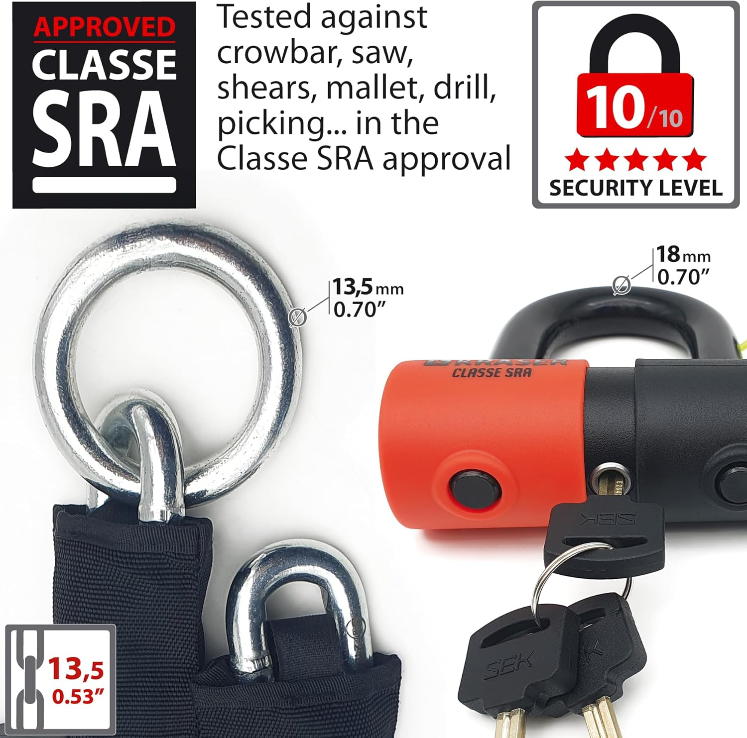 KRASER KR50120L Motorcycle Chain Lock Mini U Approved Padlock Massive Steel Heavy Duty &Oslash;0.53In, 3.9Ft Long, Loop Ring, Textile Cover, High Security Anti-Theft, Garage Anchor, Scooter Electric Bicycle image number 1